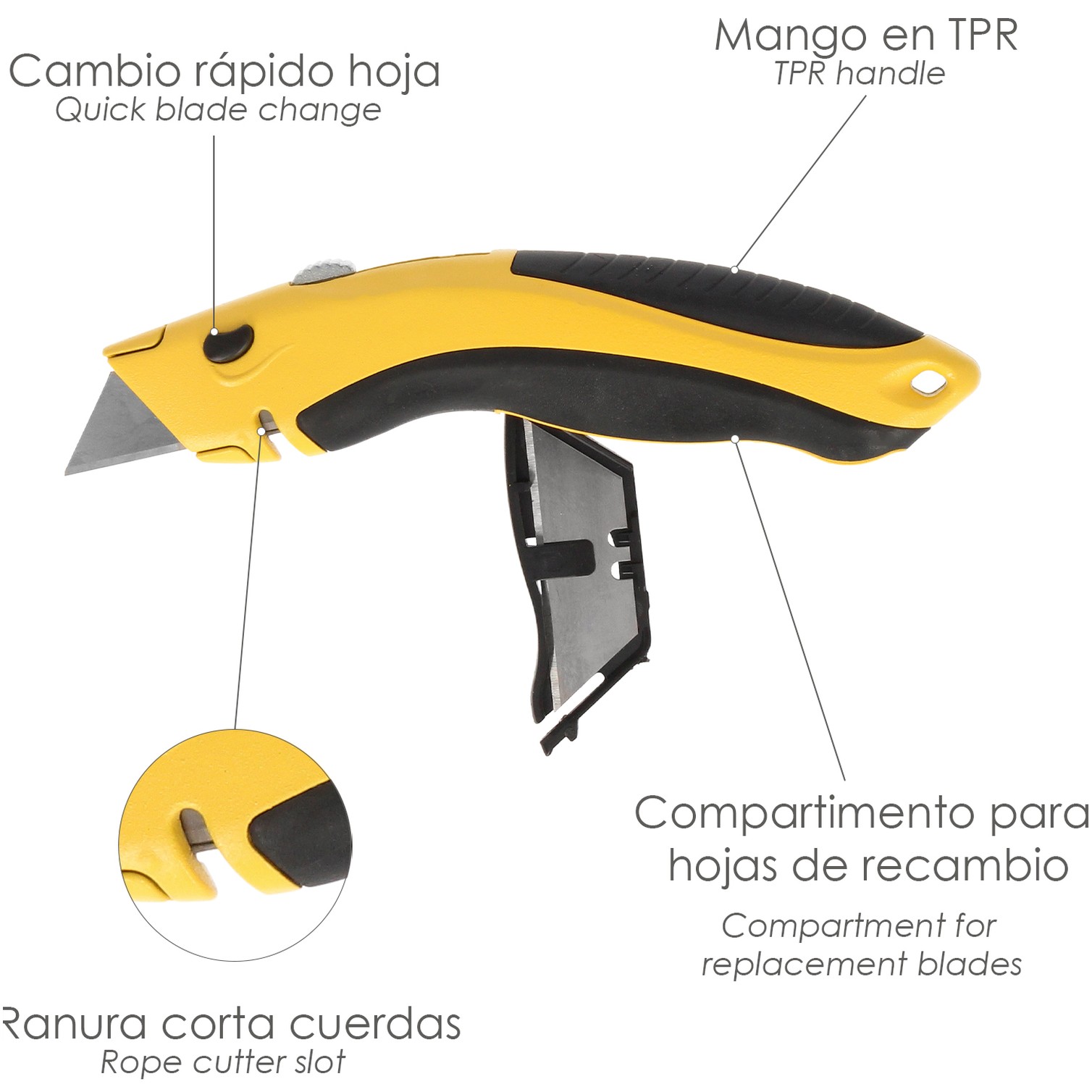 Cutter Con Hoja Retractil De 20 mm. Cambio Hoja Rápido Carcasa De Aluminio Agarre Engomado. Uso Profesional