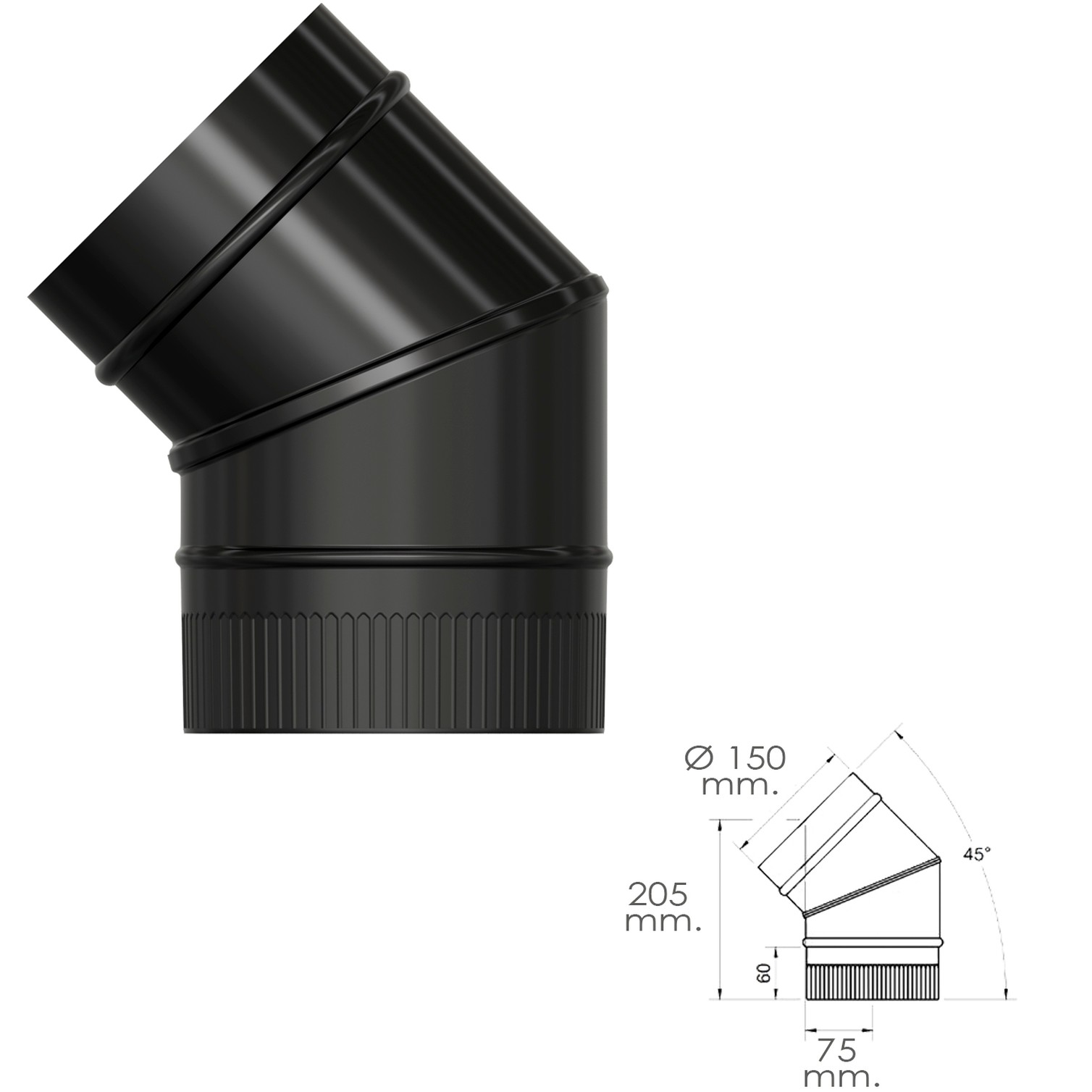 Codo Estufa Liso Negro Vitrificado Ø 150 mm. 45°