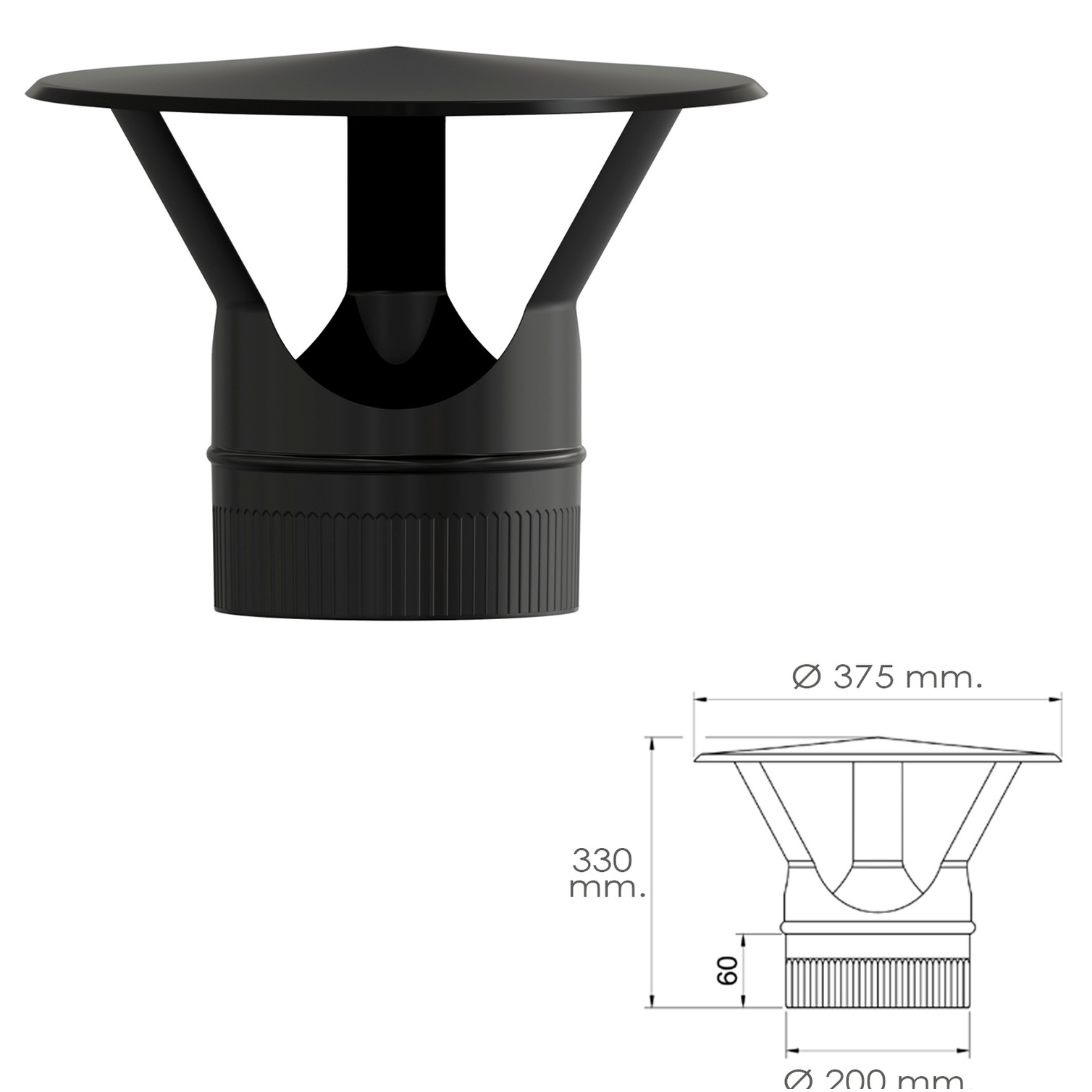 Sombrero Estufa Vitrificado Negro Ø 200 mm. Sombrero Tubo Chimenea, Sombrero Tubo Humo, Sombrero Tubo Calefacción, Sombrero Humo