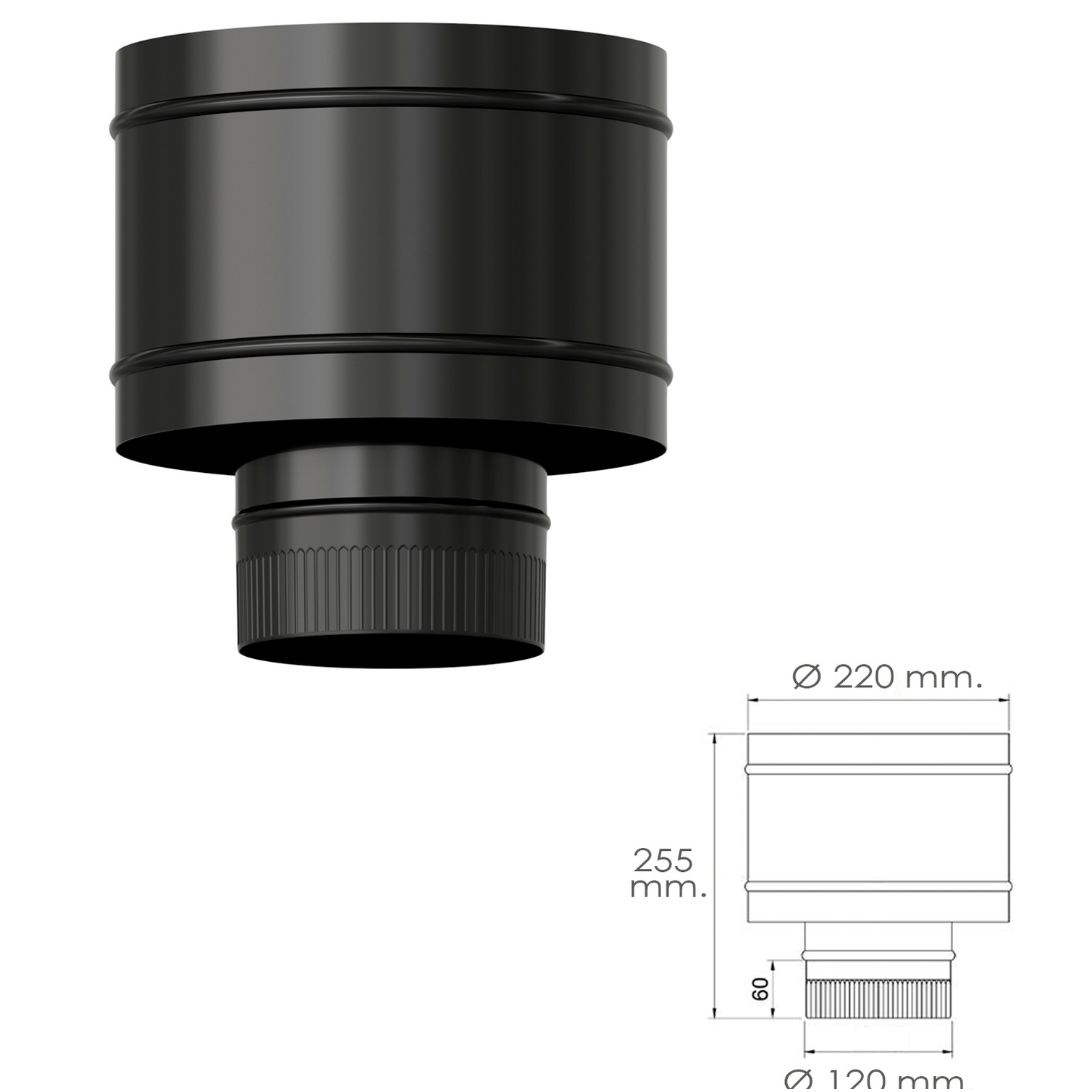 Terminal Antirrevocante Estufa Vitrificado Negro Ø 120 mm. Sombrero Tubo Chimenea, Sombrero Tubo Humo, Sombrero Tubo Calefacción