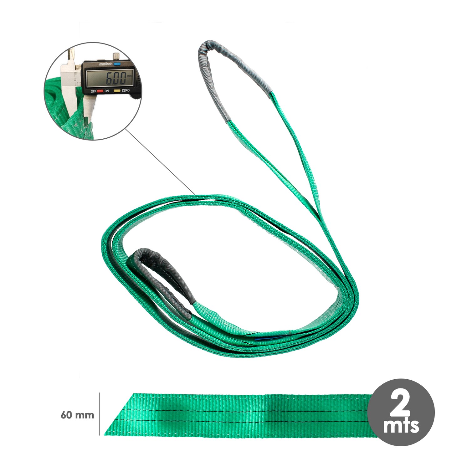 Eslinga Plana Doble Banda 2.000 Kg. Factor Seguridad 7:1, Longitud: 2 Metros Ancho 6 cm. 100% Poliester. Color Verde