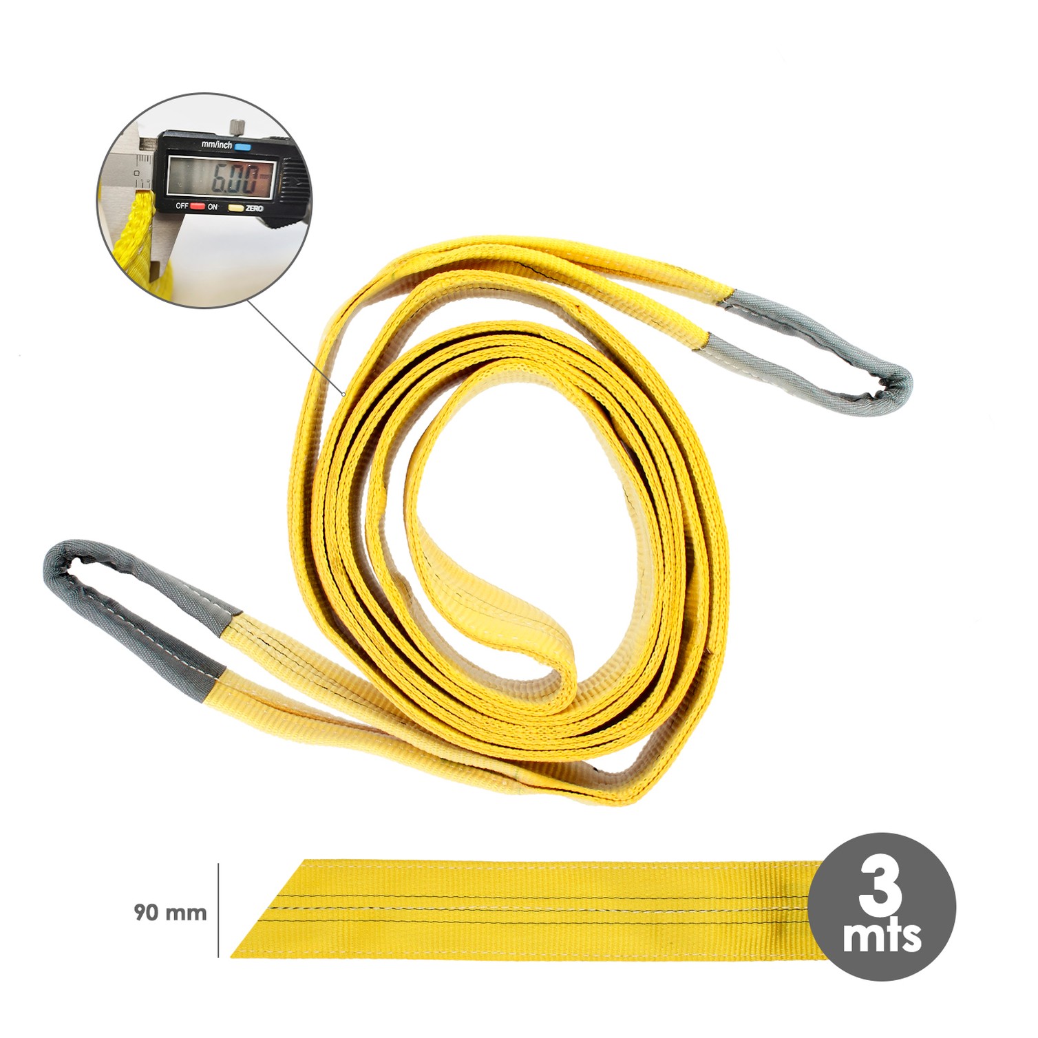 Eslinga Plana Doble Banda 3.000 Kg. Factor Seguridad 7:1, Longitud: 3 Metros Ancho 9 cm. 100% Poliester. Color Amarilla