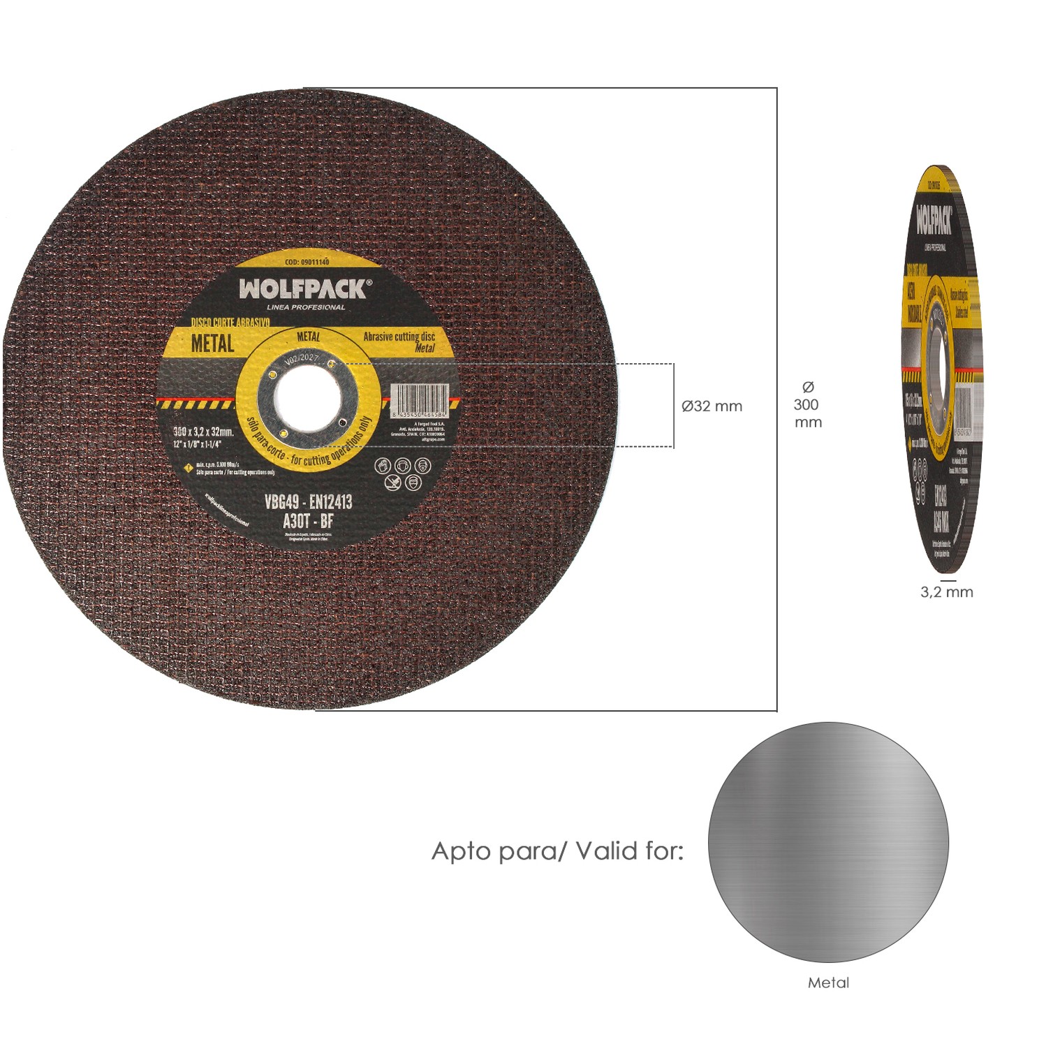 Disco Corte Abrasivo Metal Ø 300 x Ø 32 mm. Espesor 3,2 mm. Disco Radial / Amoladora Universal Con Todas Las Amoladoras