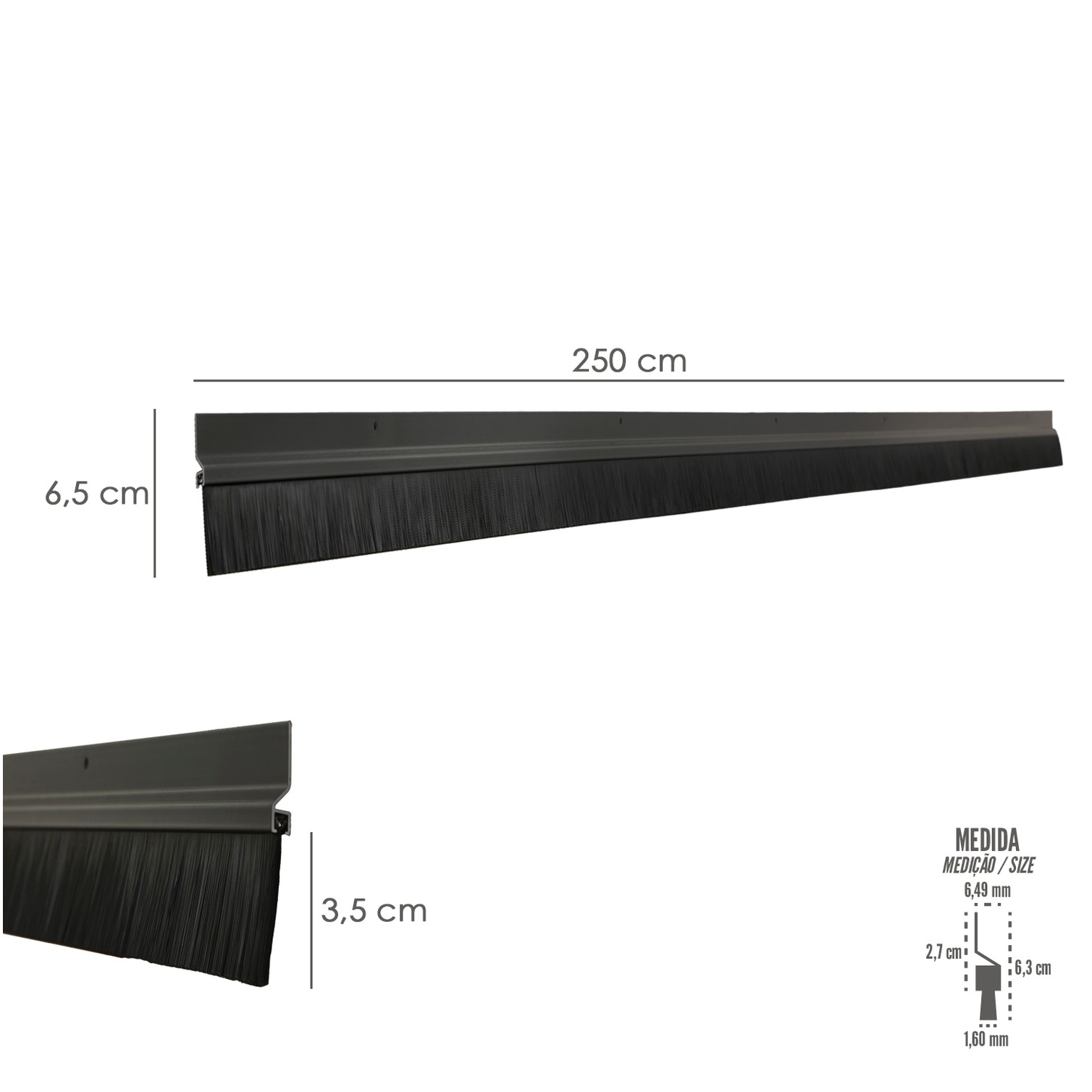 Burlete Para Puertas De Garaje Aluminio Negro Con Cepillo 2,5 m. Cepillo De Puerta, Burlete Garaje, Burlete Cepillo Cochera