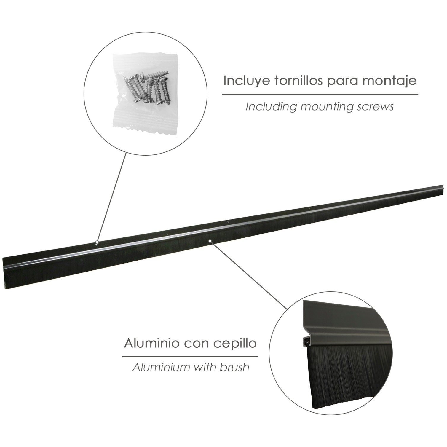 Burlete Para Puertas De Garaje Aluminio Negro Con Cepillo 2,5 m. Cepillo De Puerta, Burlete Garaje, Burlete Cepillo Cochera