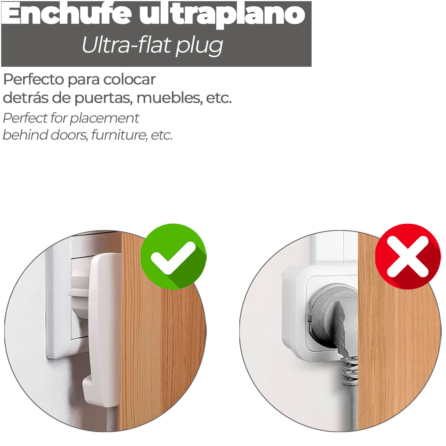 Clavija Enchufe Ultraplano 7 mm. con Asas De Extraccion 16 A - 250 V. Tras Muebles, 3 Cables, Toma Schuko