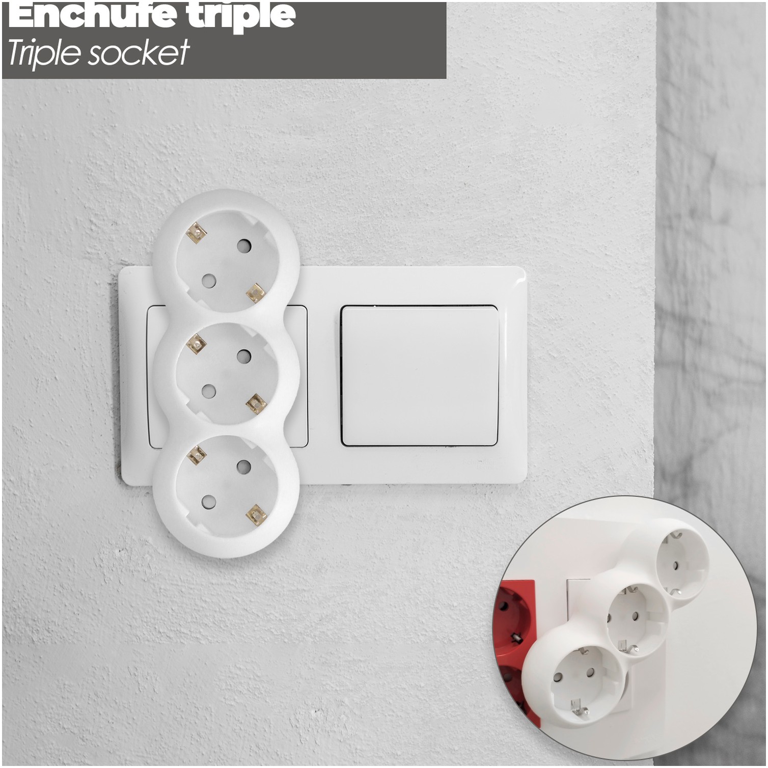 Adaptador Triple Schuko Recto 16A. 250V.