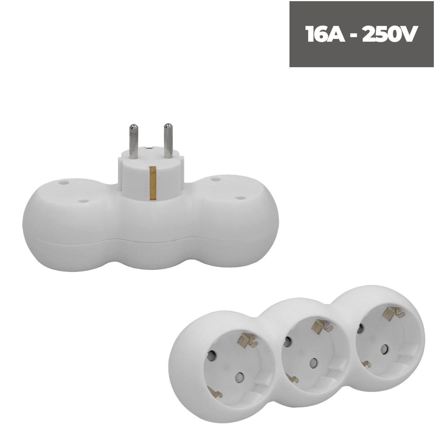 Adaptador Triple Schuko Recto 16A. 250V.