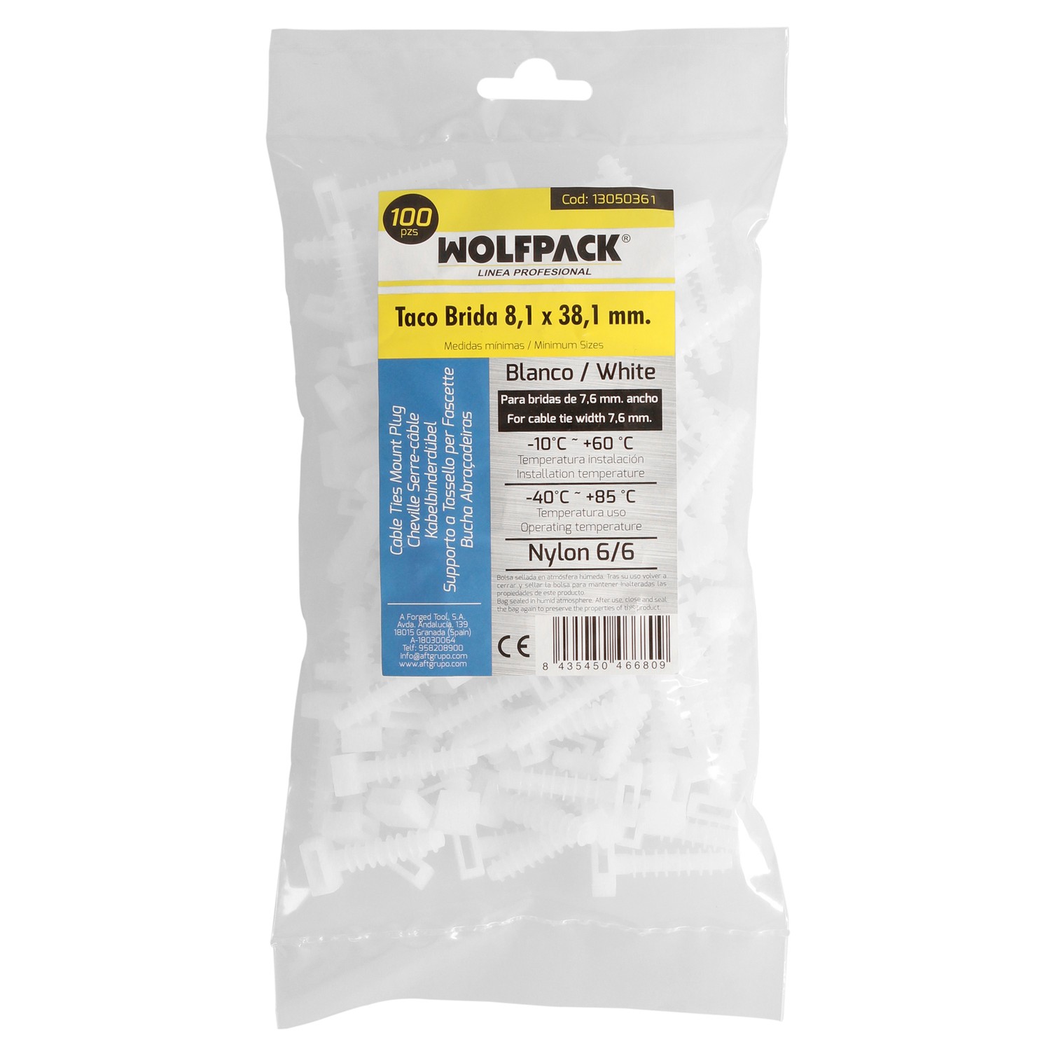 Taco Fijación Brida Nylon Blanco 8 mm. (Bolsa 100 Unidades)