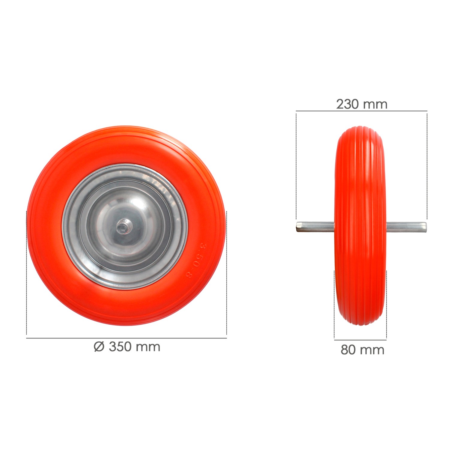 Rueda Carretilla Obra / Jardin Maciza Llanta Acero "Plus" Naranja Impinchable, Para Eje Ø 19 mm Rueda Ø 35 cm