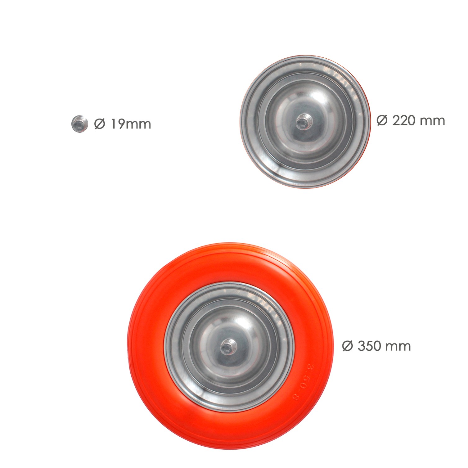 Rueda Carretilla Obra / Jardin Maciza Llanta Acero "Plus" Naranja Impinchable, Para Eje Ø 19 mm Rueda Ø 35 cm