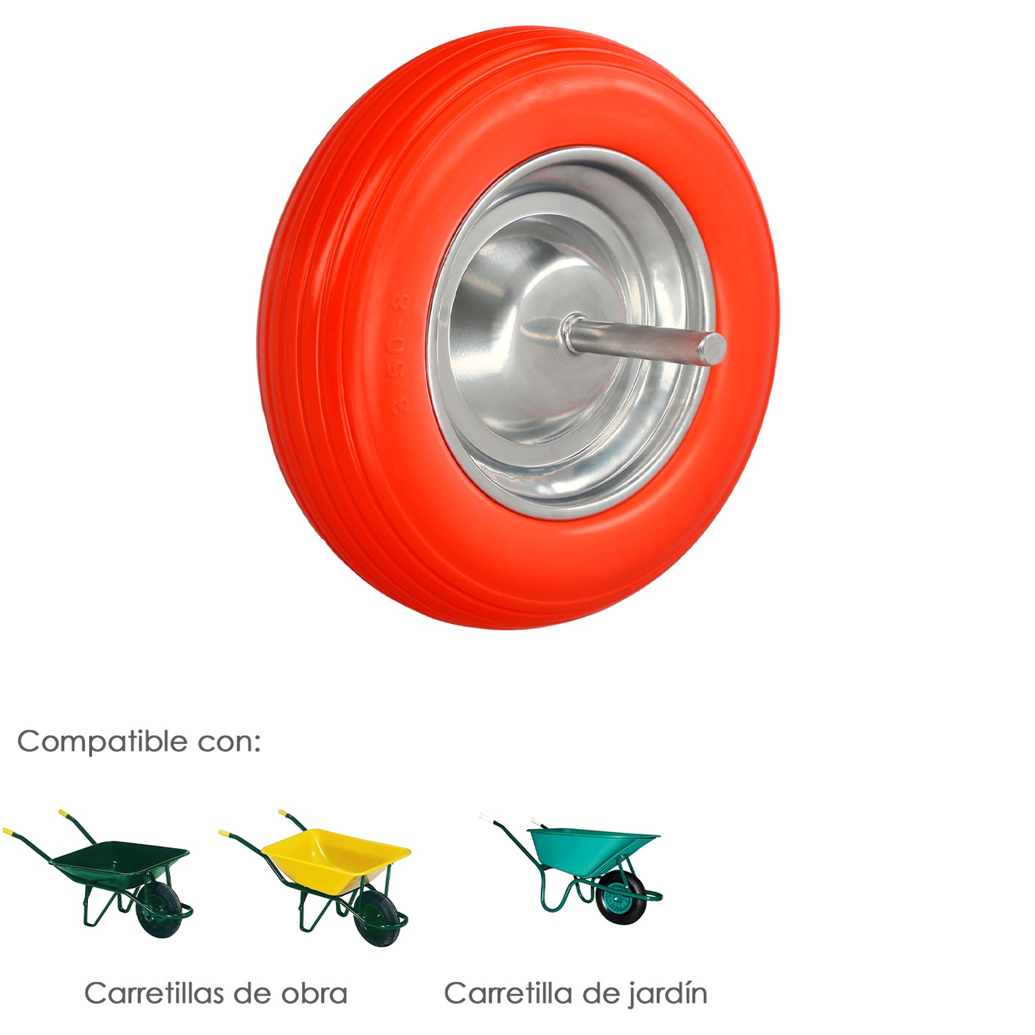 Rueda Carretilla Obra / Jardin Maciza Llanta Acero "Plus" Naranja Impinchable, Para Eje Ø 19 mm Rueda Ø 35 cm