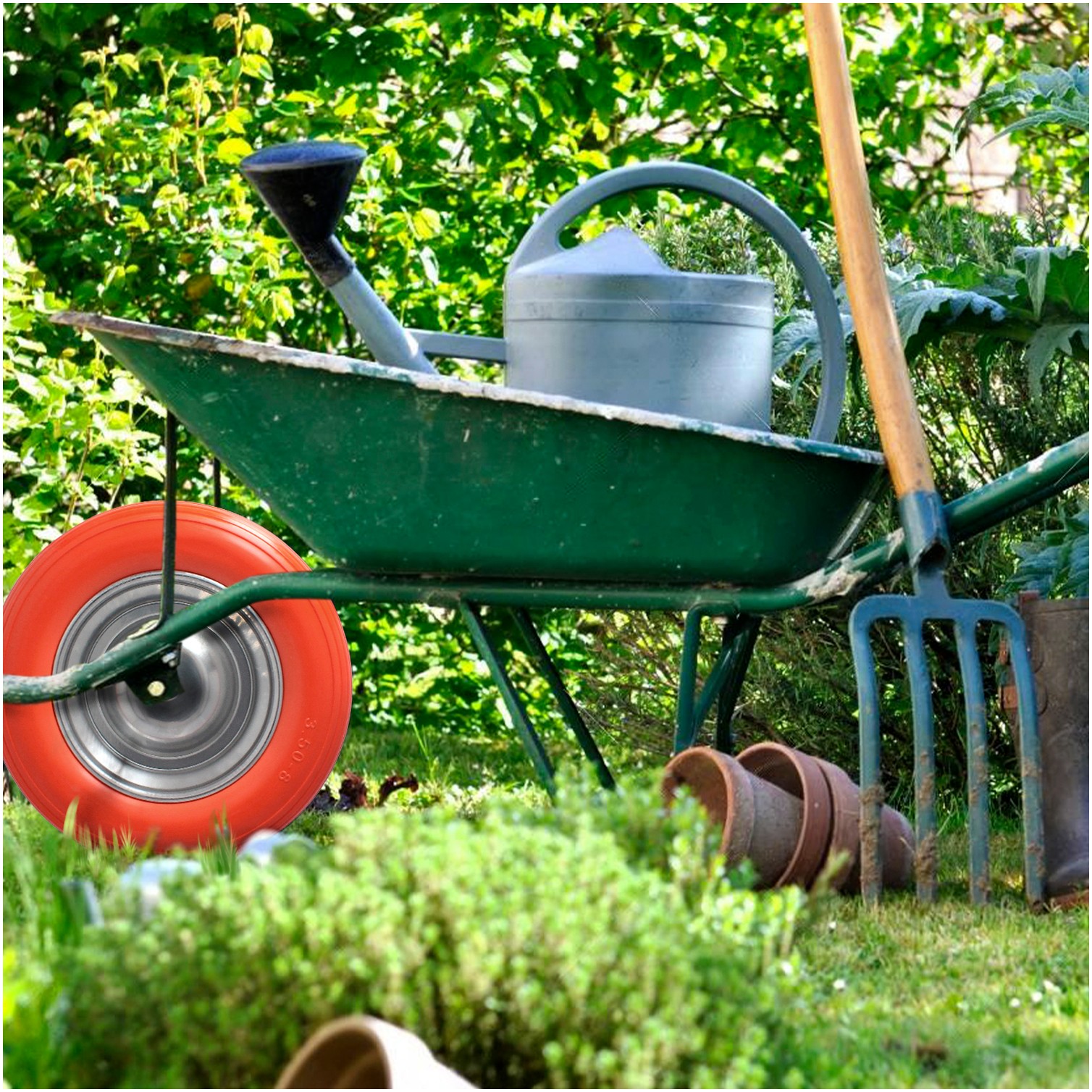 Rueda Carretilla Obra / Jardin Maciza Llanta Acero "Plus" Naranja Impinchable, Para Eje Ø 19 mm Rueda Ø 35 cm