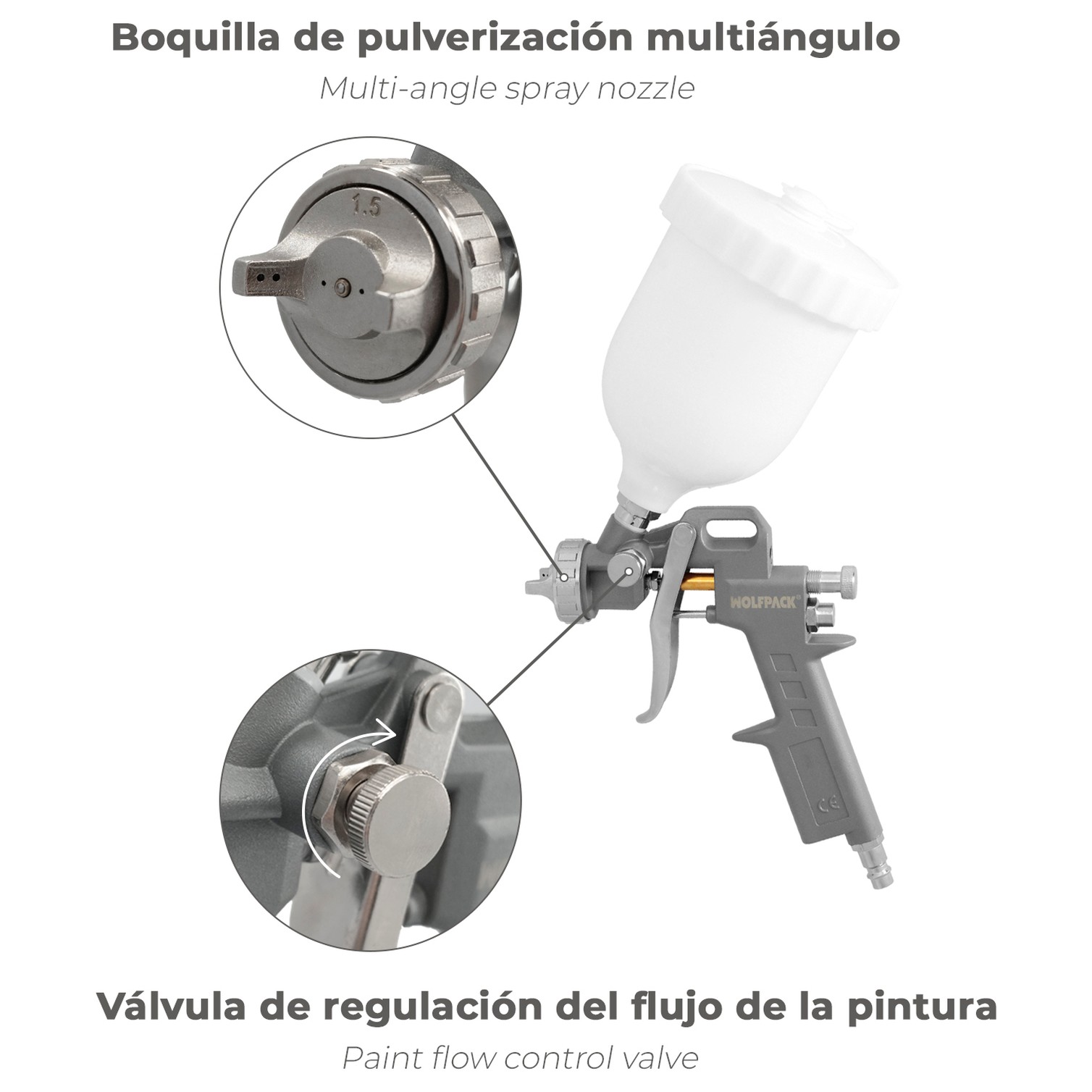 Pistola Pintar Neumática Boquilla De 1,5 mm. Con Depósito Superior 0,6 Litros y Adaptador Rapido