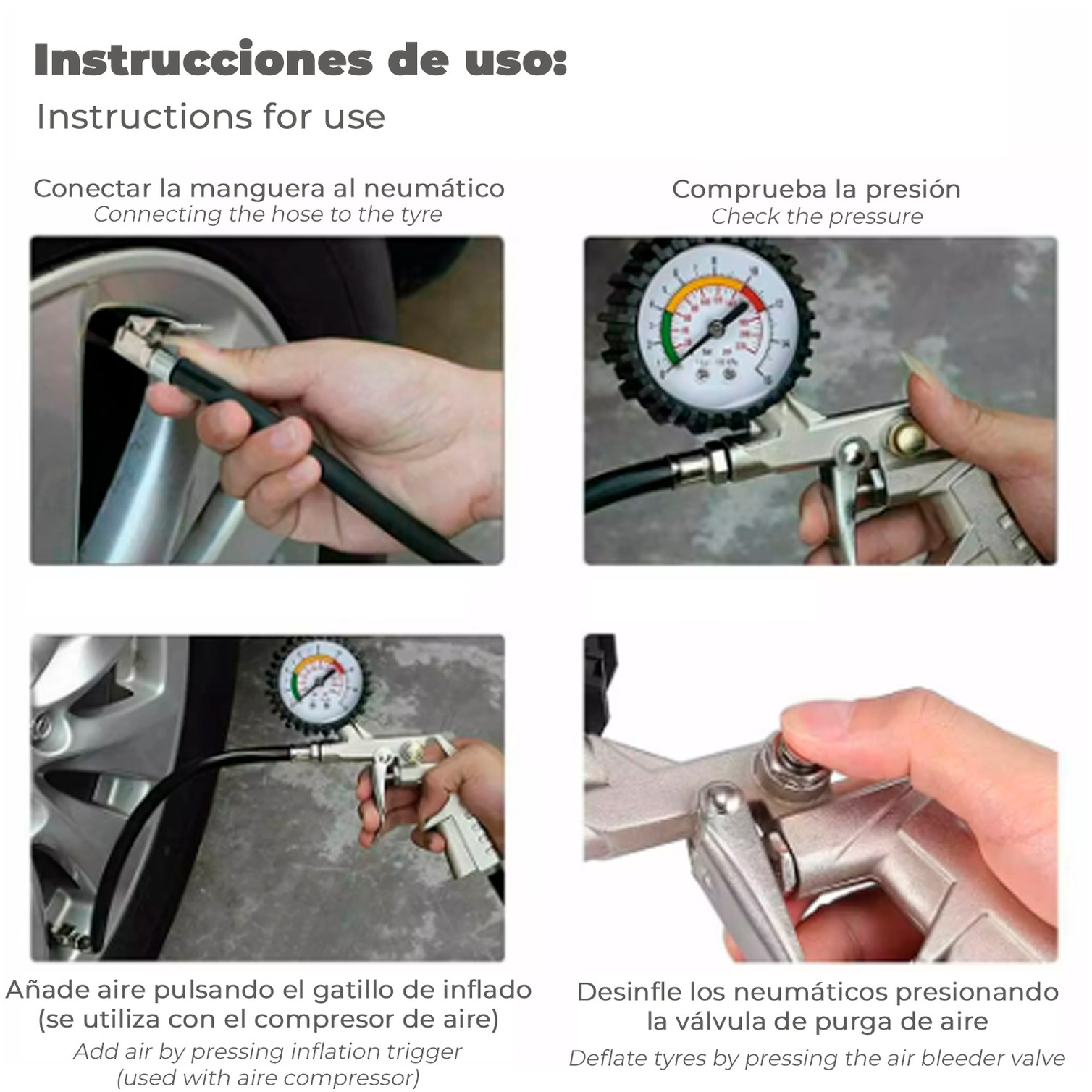 Pistola Para Inflado De Neumáticos Con Manometro, Inflador de Neumaticos, Pistola Aire Comprimido Neumaticos, Pistola Compresor