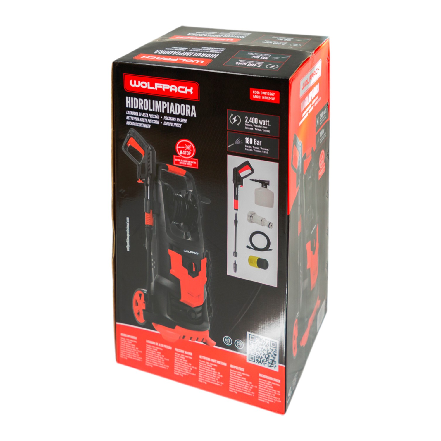 Hidrolimpiadora Alta Presión 180 Bares 2.400 Watt. Con Accesorios 390 Litros / Hora. Limpiadora de Agua Con Deposito Detergente