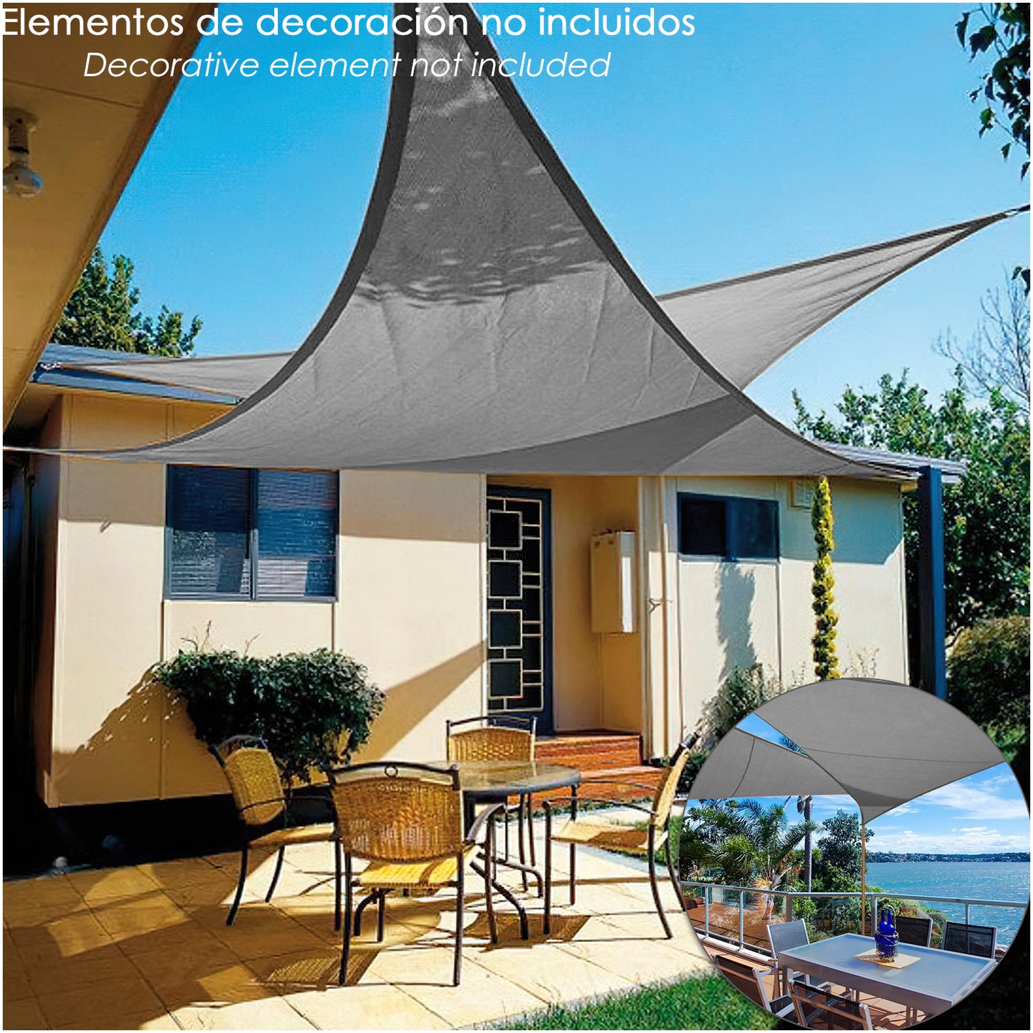 Toldo Vela Sombra Jardin Triangular Gris 5,0 x 5,0 metros.