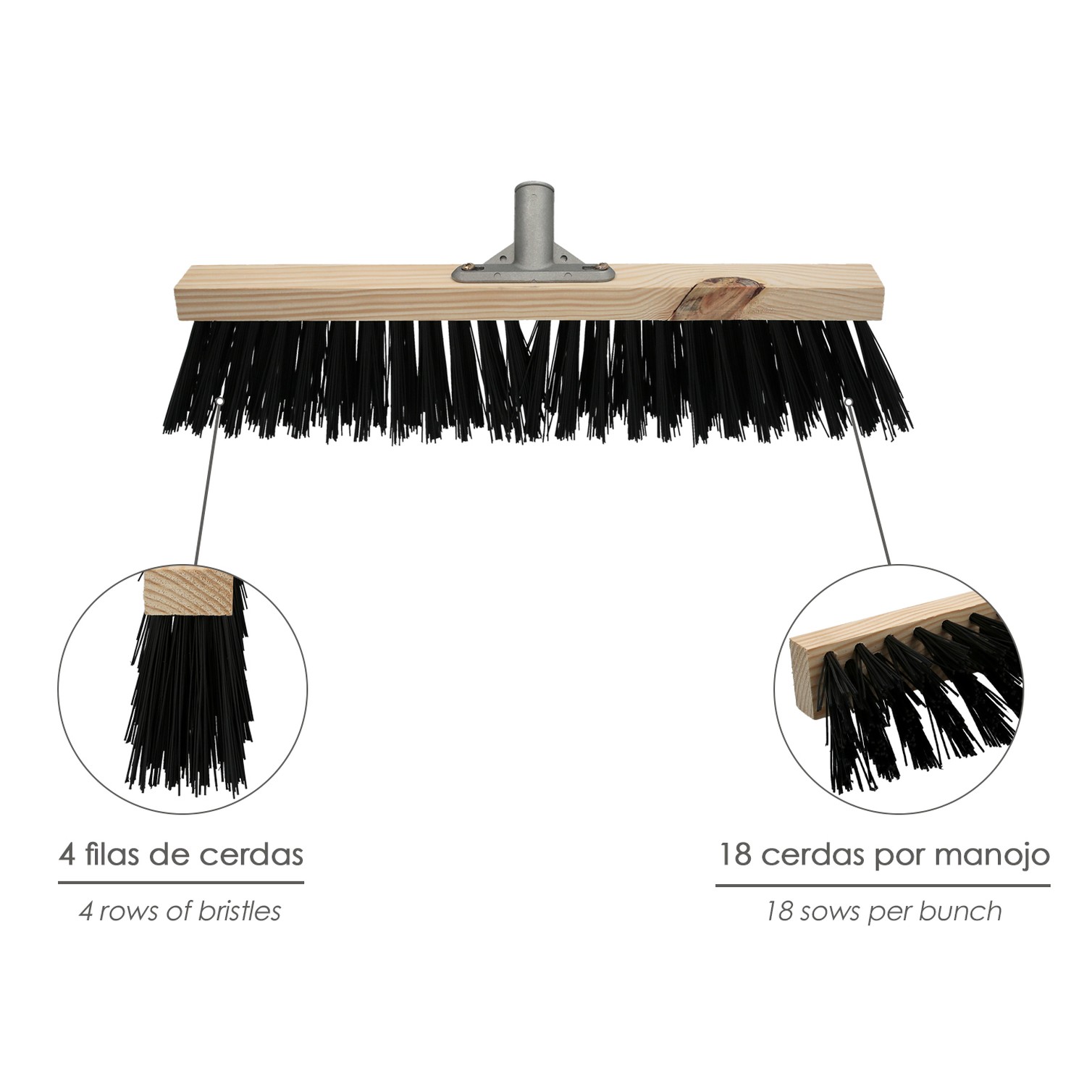 Cepillo Barrendero Industrial Fibra Gruesa Polipropileno. Soporte Madera 50 cm. Garra Aluminio. (Sin Mango)