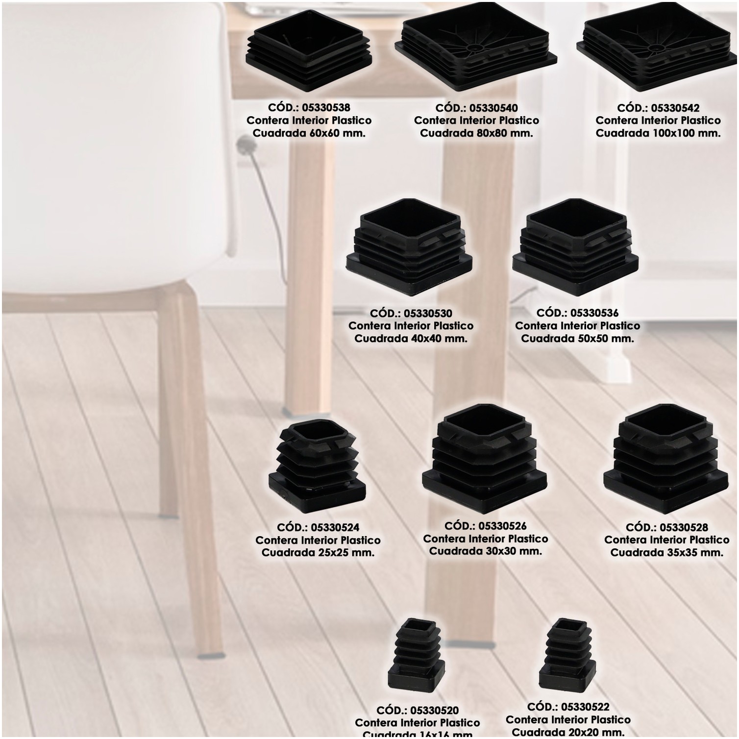 Contera Interior Plastico Cuadrada 50x50 mm. Color Negro. Bolsa 100 Unidades. Contera Mesa, Silla, Muebles, Estanteria
