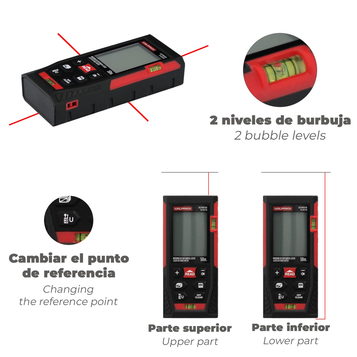 Medidor Laser 10 Funciones 50m Funciona Con 2 Pilas AAA (No Incluido)