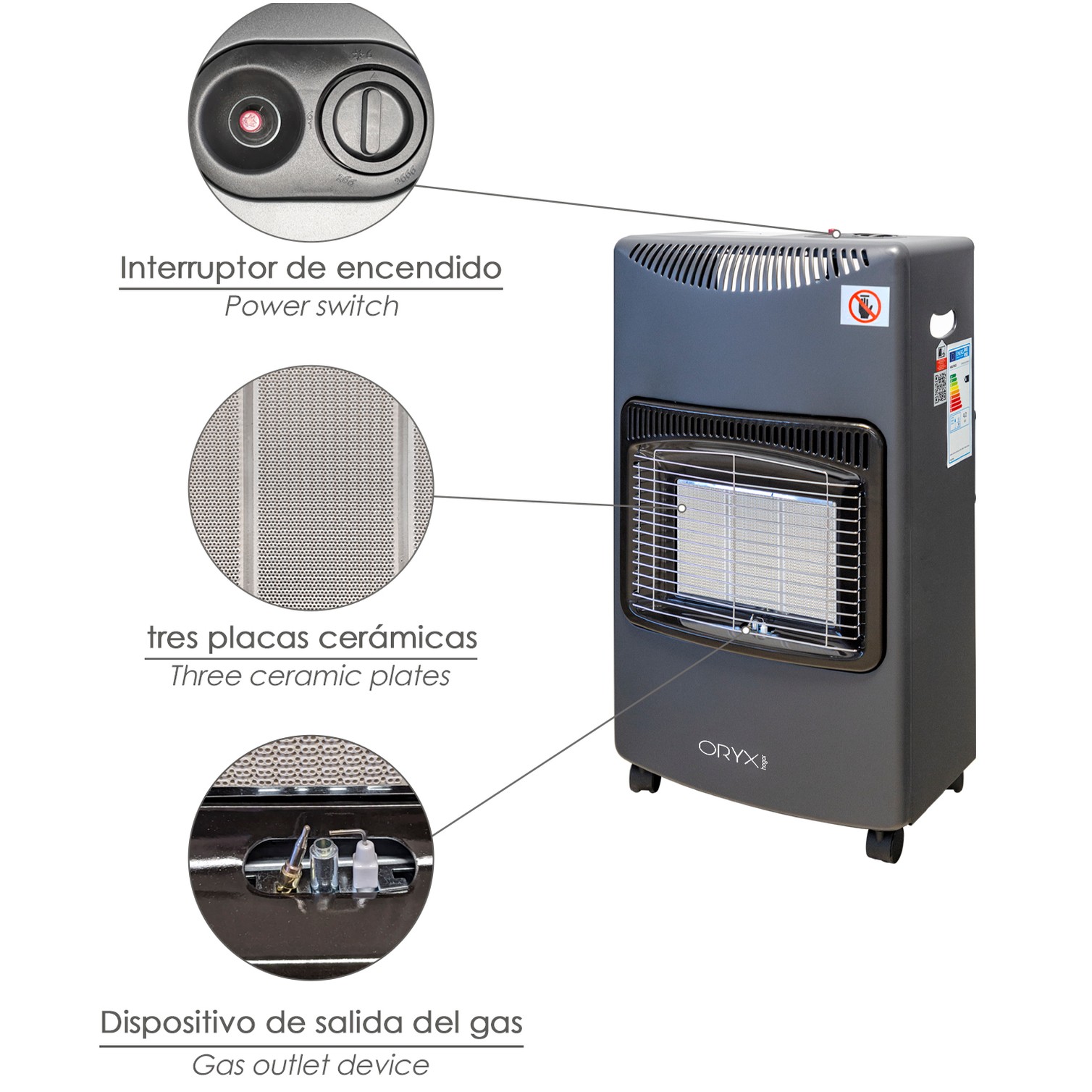Estufa Gas Infrarroja Ceramica 4,5 Kw. 3 Potencias, Triple Sistema de Seguridad, Con Ruedas, Encendido Piezo-Electrico