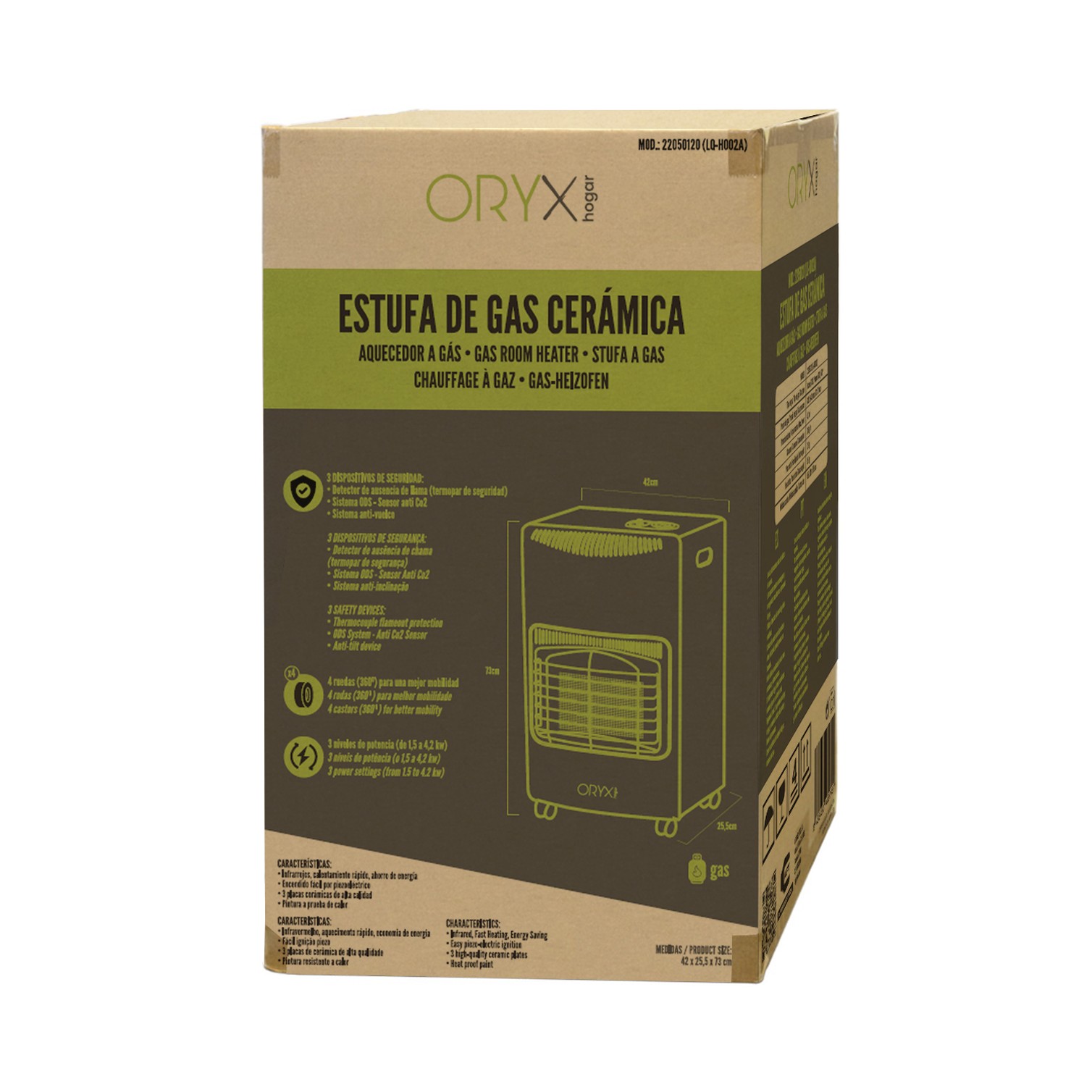 Estufa Gas Infrarroja Ceramica 4,5 Kw. 3 Potencias, Triple Sistema de Seguridad, Con Ruedas, Encendido Piezo-Electrico