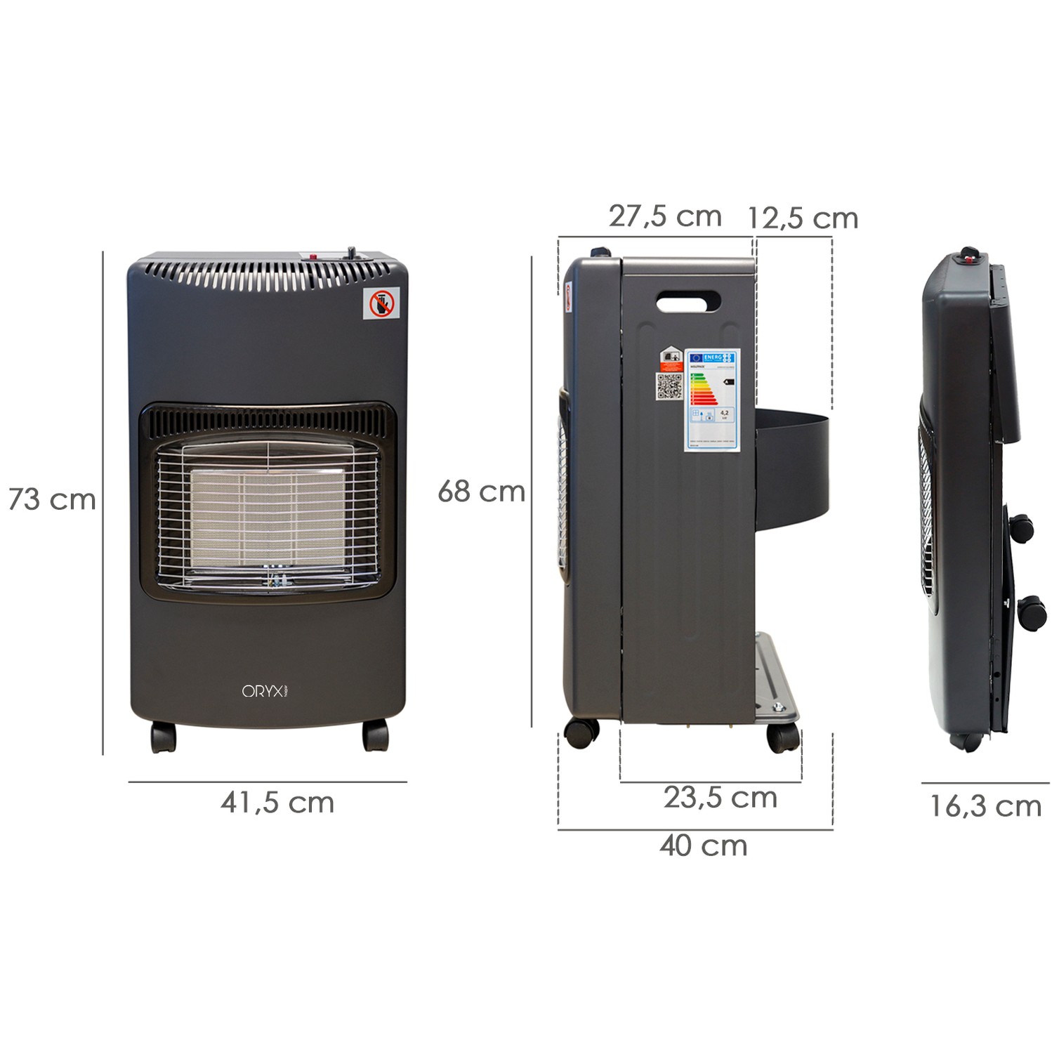 Estufa Gas Infrarroja Ceramica 4,5 Kw. Plegable 3 Potencias, Triple Sistema de Seguridad, Con Ruedas, Encendido Piezo-Electrico