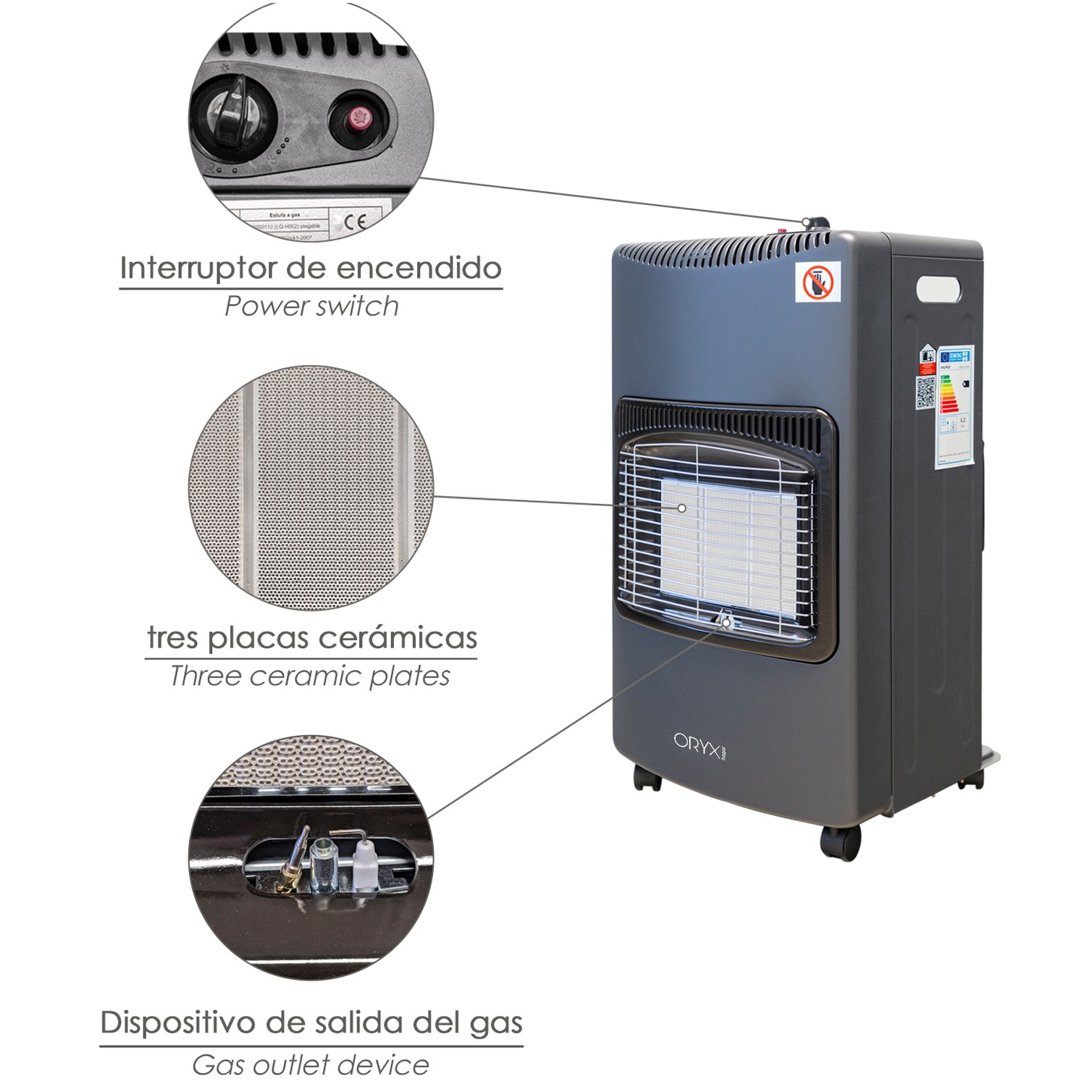 Estufa Gas Infrarroja Ceramica 4,5 Kw. Plegable 3 Potencias, Triple Sistema de Seguridad, Con Ruedas, Encendido Piezo-Electrico