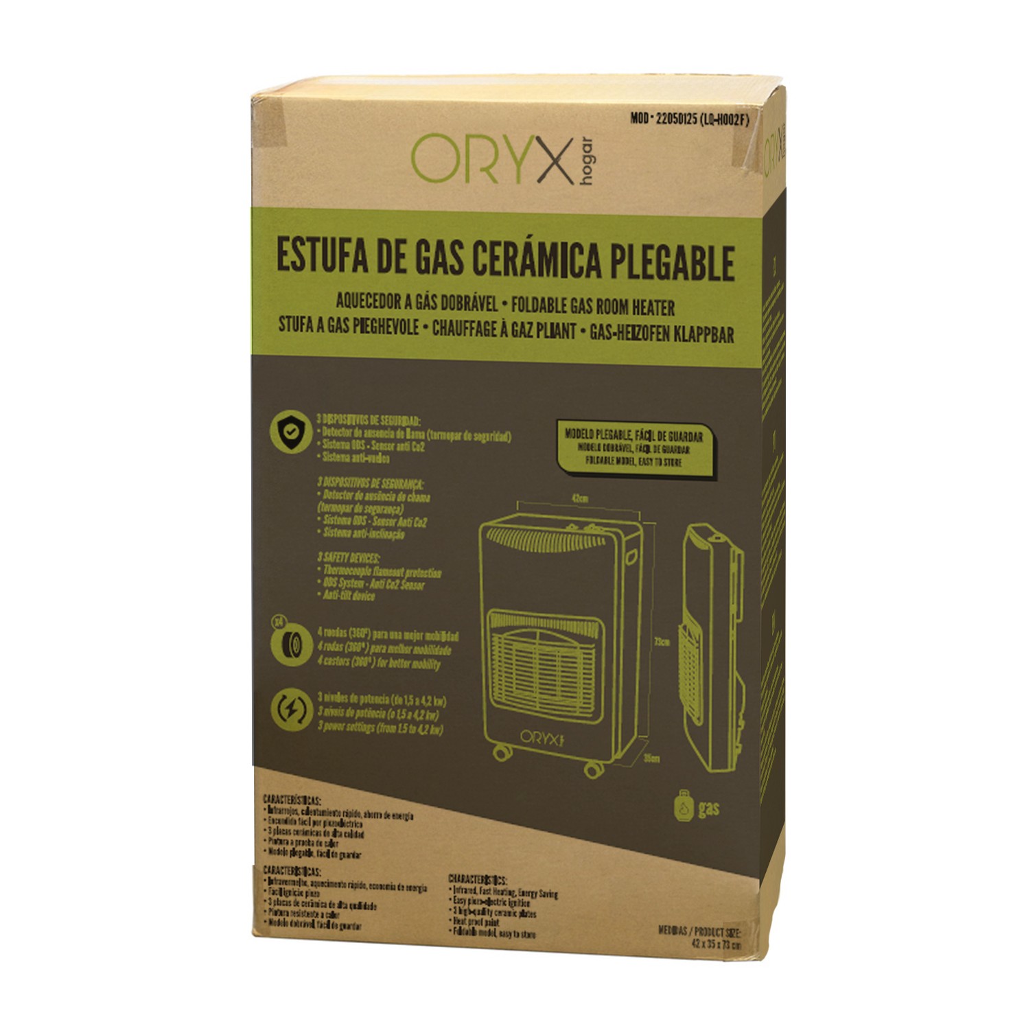 Estufa Gas Infrarroja Ceramica 4,5 Kw. Plegable 3 Potencias, Triple Sistema de Seguridad, Con Ruedas, Encendido Piezo-Electrico