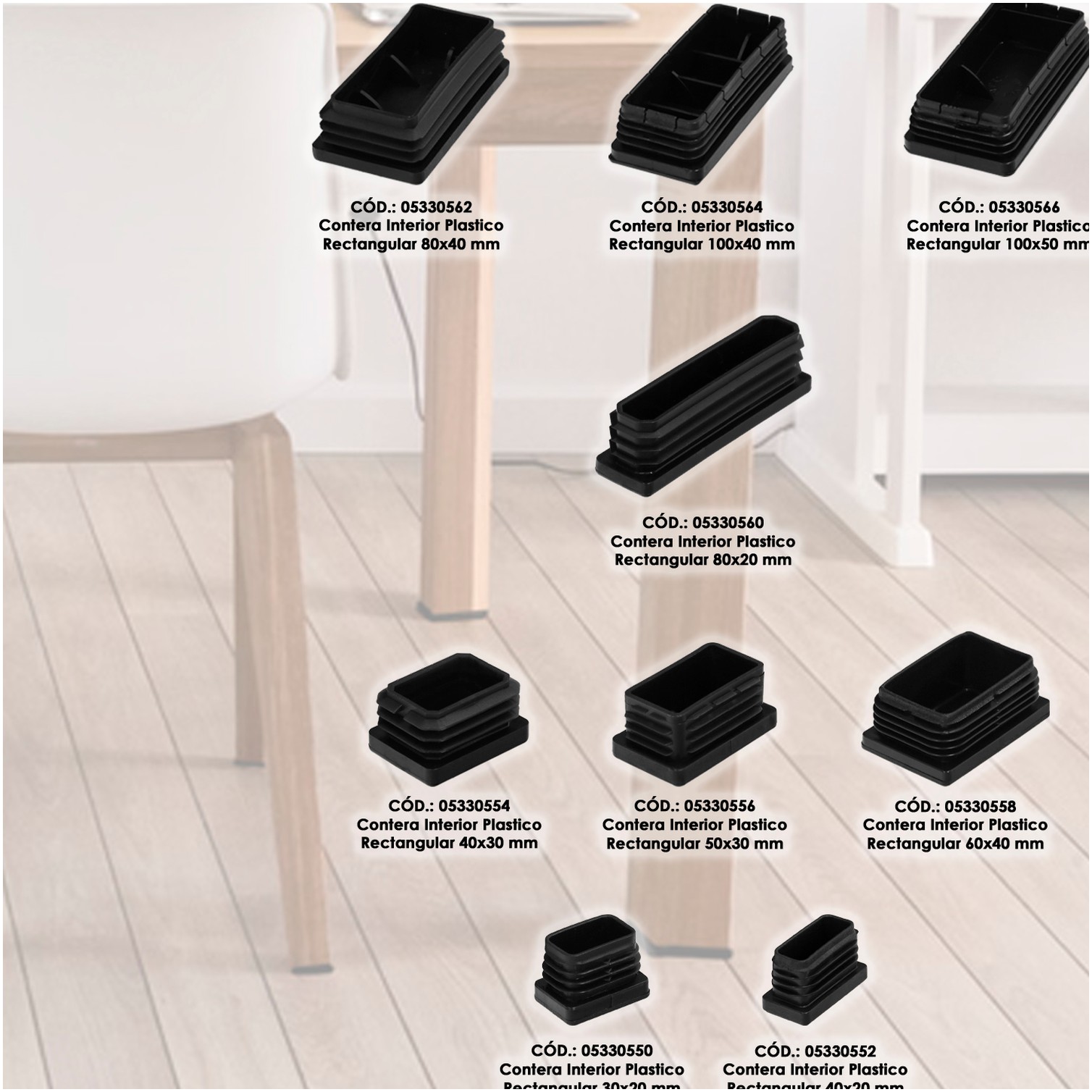 Contera Plástico Rectangular Interior. Color Negro 40x20 mm Bolsa 200 Unidades.