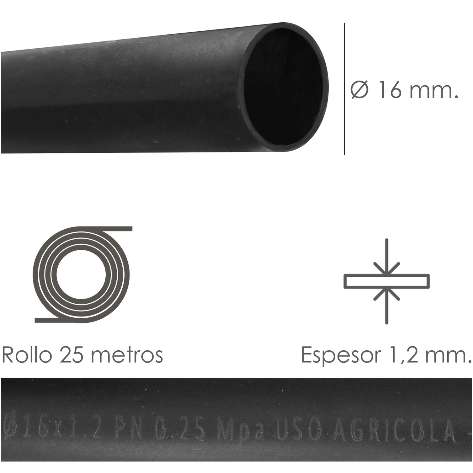 Tuberia De Riego Por Goteo Ø 16 mm. Espesor Tubo 1,2 mm. Uso Agricola 25 Metros