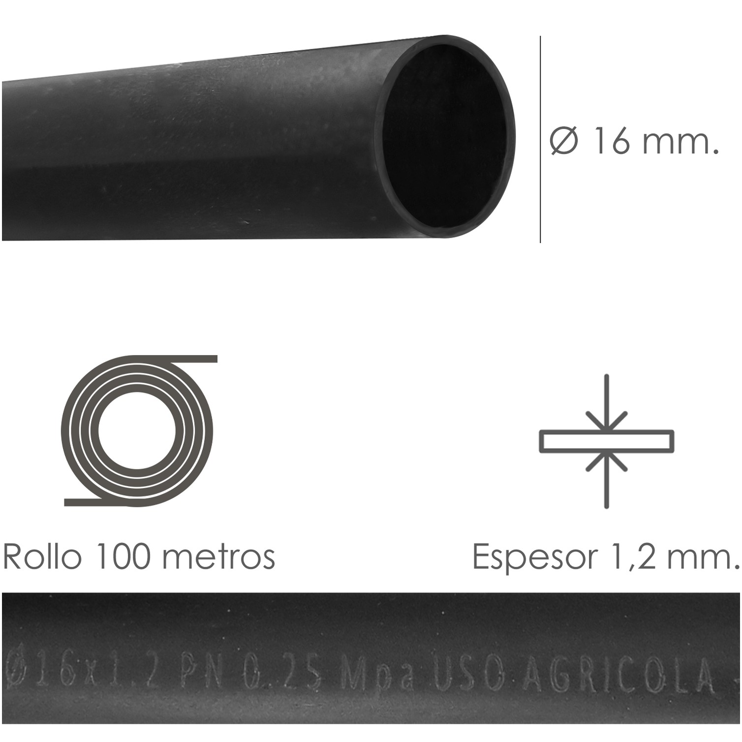 Tuberia De Riego Por Goteo Ø 16 mm. Espesor Tubo 1,2 mm. Uso Agricola 100 Metros
