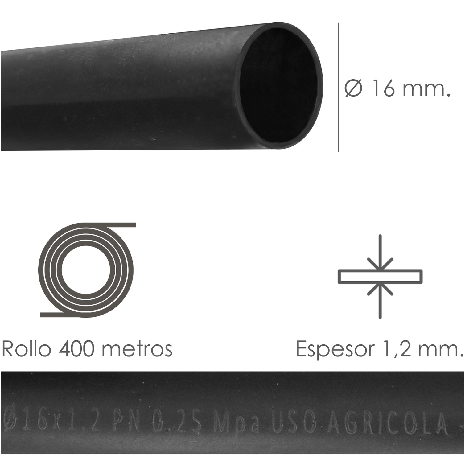 Tuberia De Riego Por Goteo Ø 16 mm. Espesor Tubo 1,2 mm. Uso Agricola 400 Metros