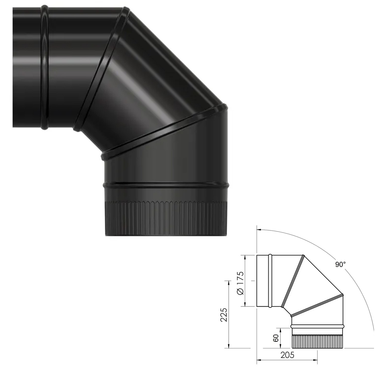 Codo Estufa Liso Vitrificado Negro Ø 175 mm. 90°