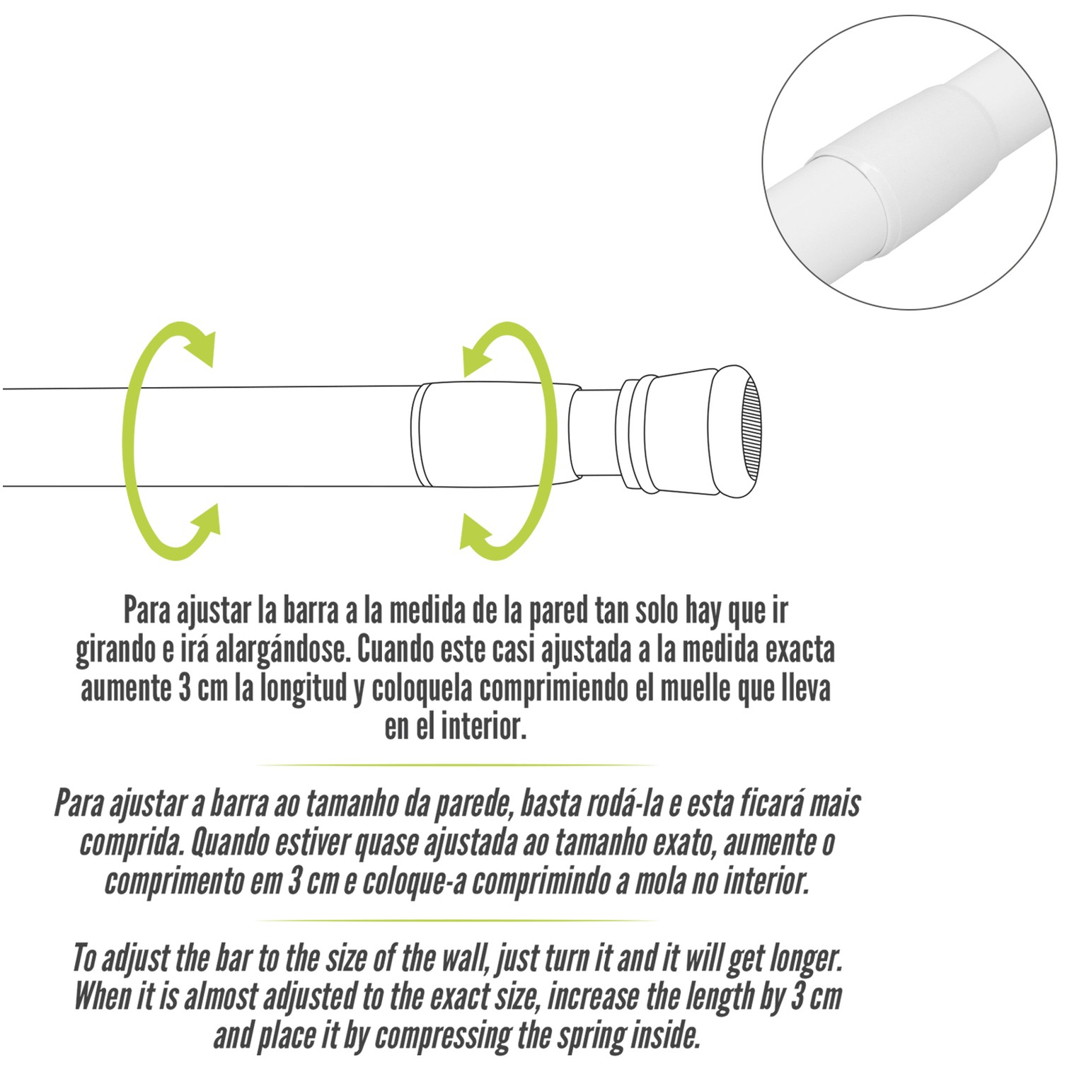 Barra Para Cortina Ducha Extensible Aluminio Blanco 70 a 125 cm.