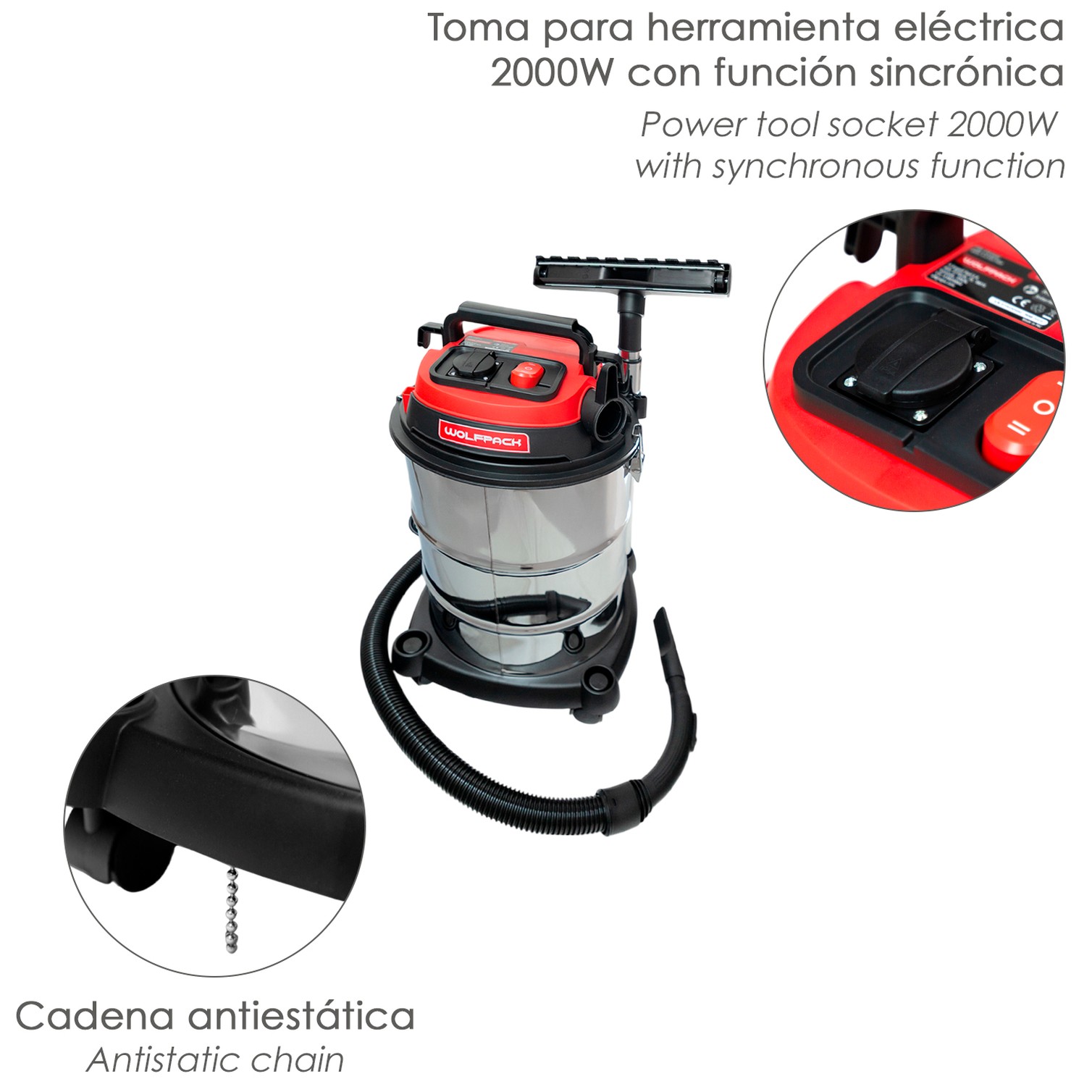 Aspirador Inoxidable 30 Litros / 1400 Watt. Interruptor Sincronizado.