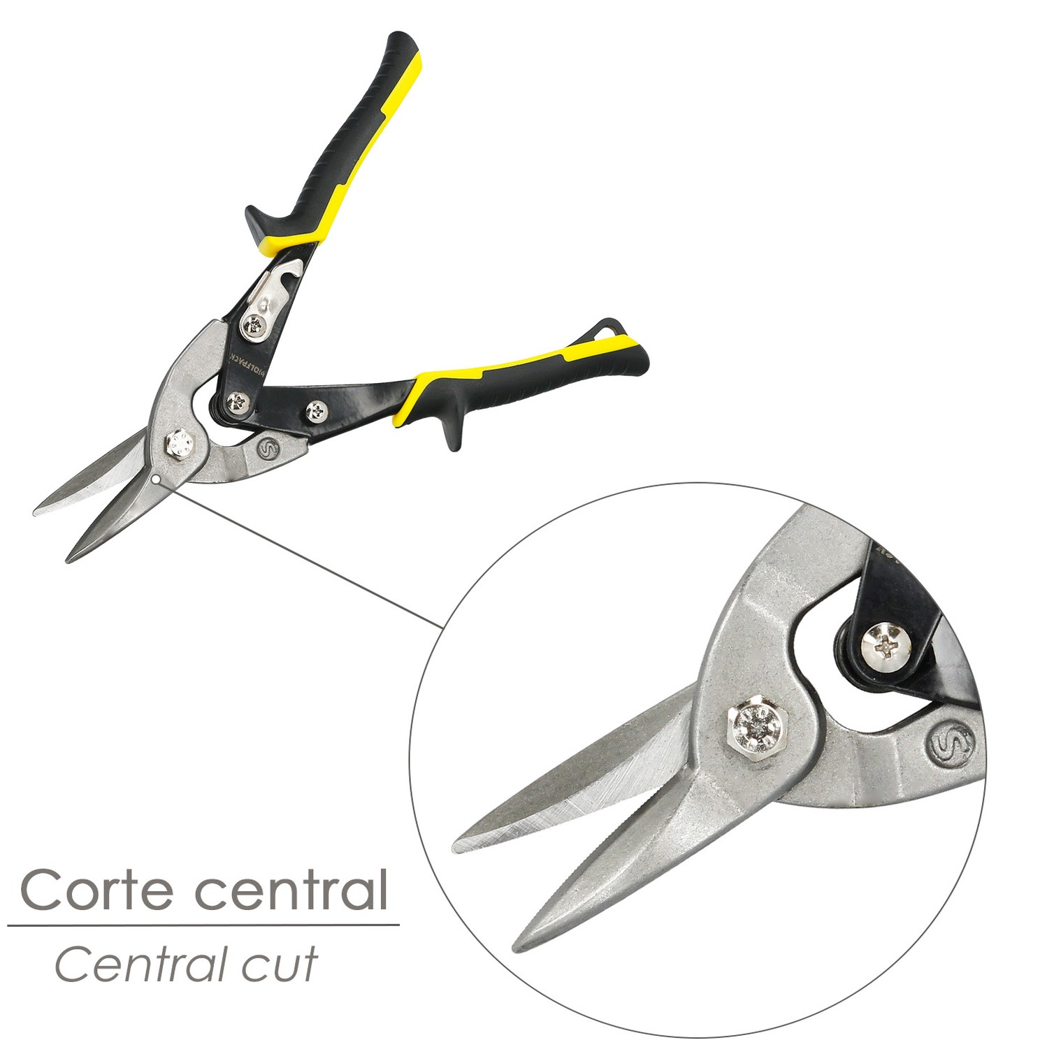 Tijeras Chapa Corte Central 250 mm. Hoja Acero Al Carbono, Mangos Engomados, Con Dientes Serrados, Cortachapa, Tijera Aviacion