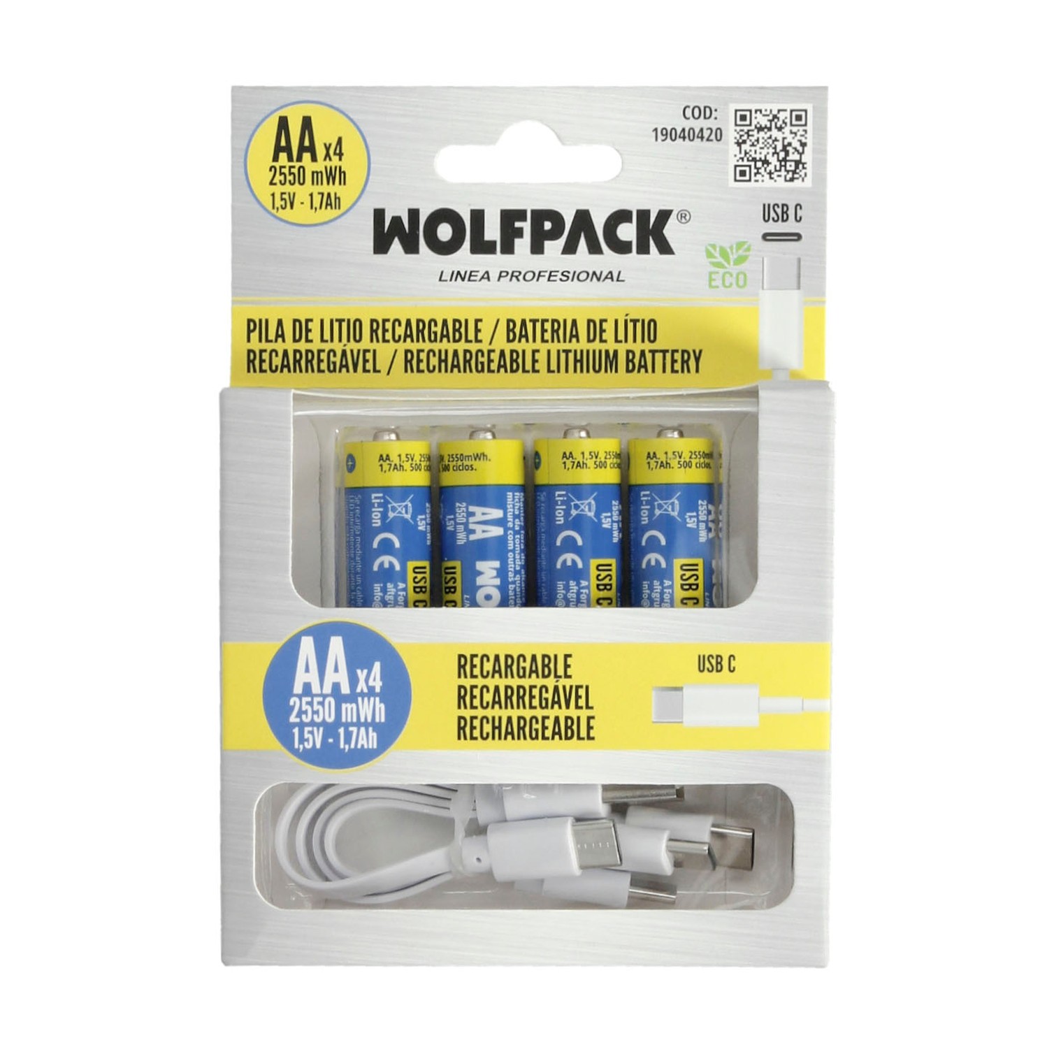 Pila Litio Recargable "AA" 1,5V USB-C (4 Unidades)