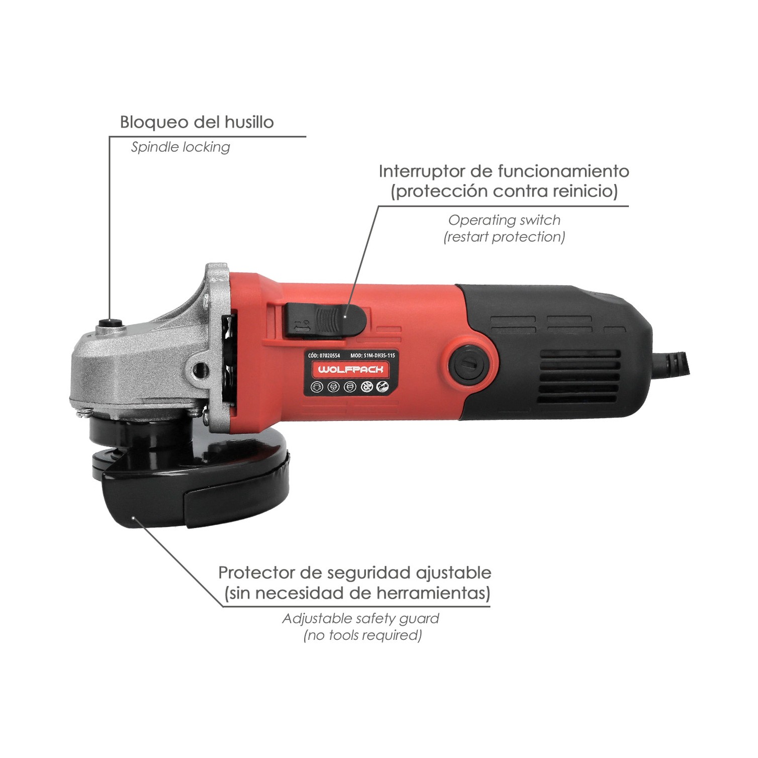 Amoladora 500 Watt. Ø 115 mm. 12.000 R.P.M. Eje M14 Protector Disco Ajustable, Anti arranque