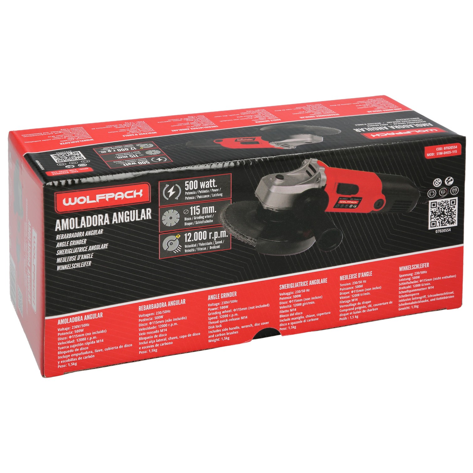 Amoladora 500 Watt. Ø 115 mm. 12.000 R.P.M. Eje M14 Protector Disco Ajustable, Anti arranque