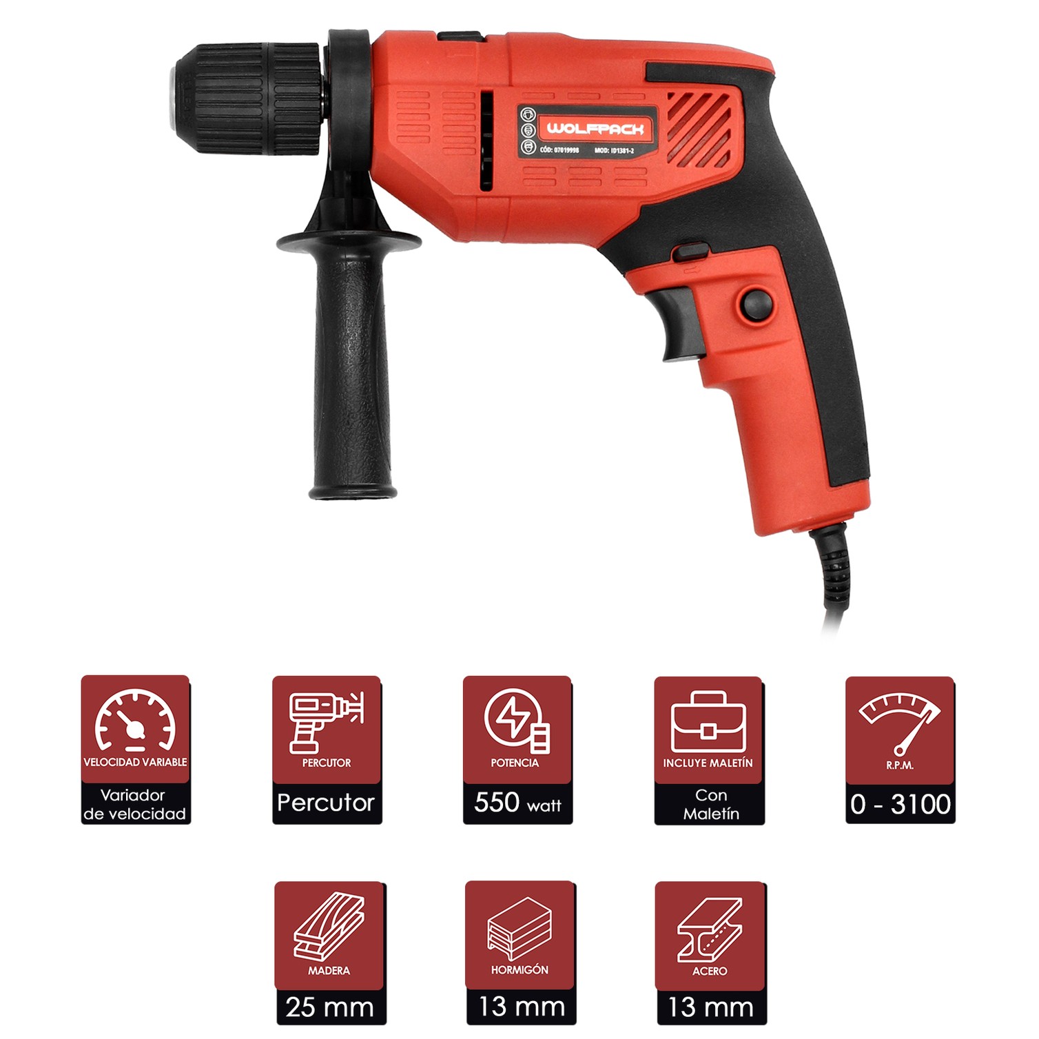 Taladro Percutor 550 Watt 13 mm. Con Variador de Velocidad. Incluye Empuñadura y Guia Metalica.