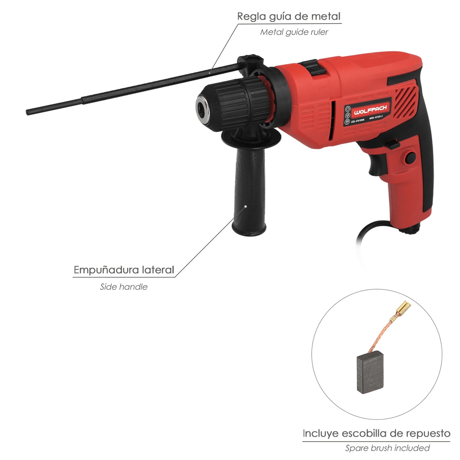 Taladro Percutor 550 Watt 13 mm. Con Variador de Velocidad. Incluye Empuñadura y Guia Metalica.
