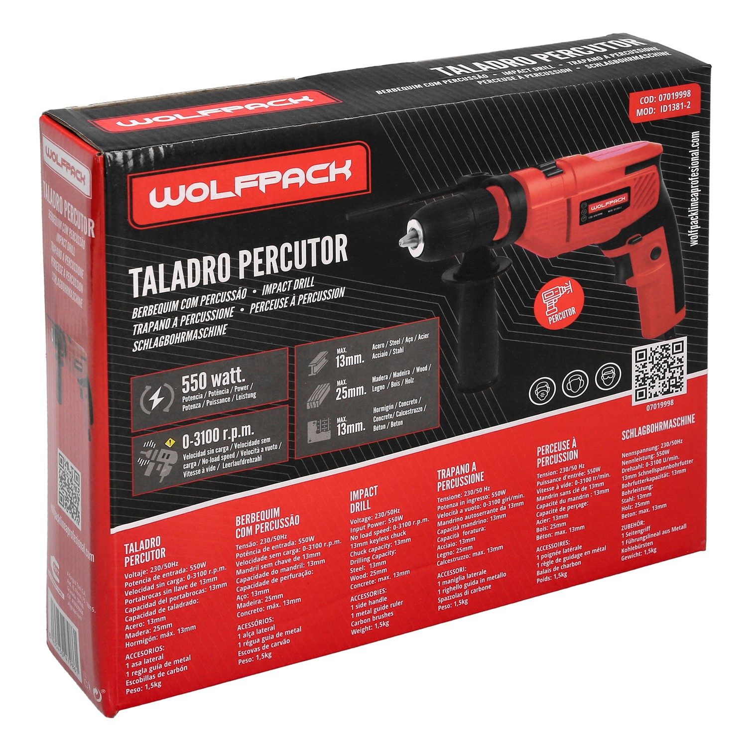 Taladro Percutor 550 Watt 13 mm. Con Variador de Velocidad. Incluye Empuñadura y Guia Metalica.