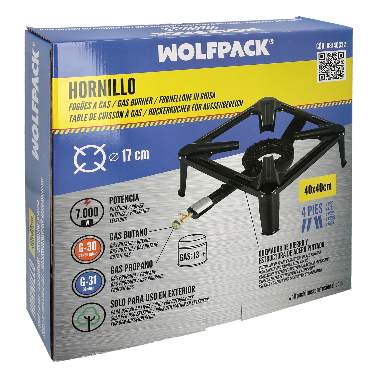 Hornillo Gas 4 Pies 40x40 cm. Potencia 7.000 Watts.