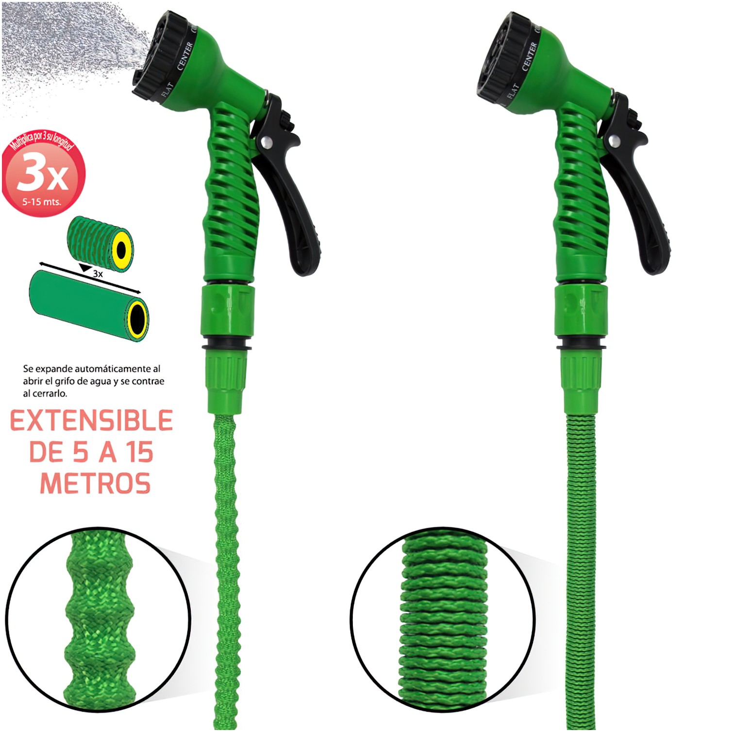 Manguera Extensible Riego 5 a 15 Metros Con Pistola De 7 Posiciones
