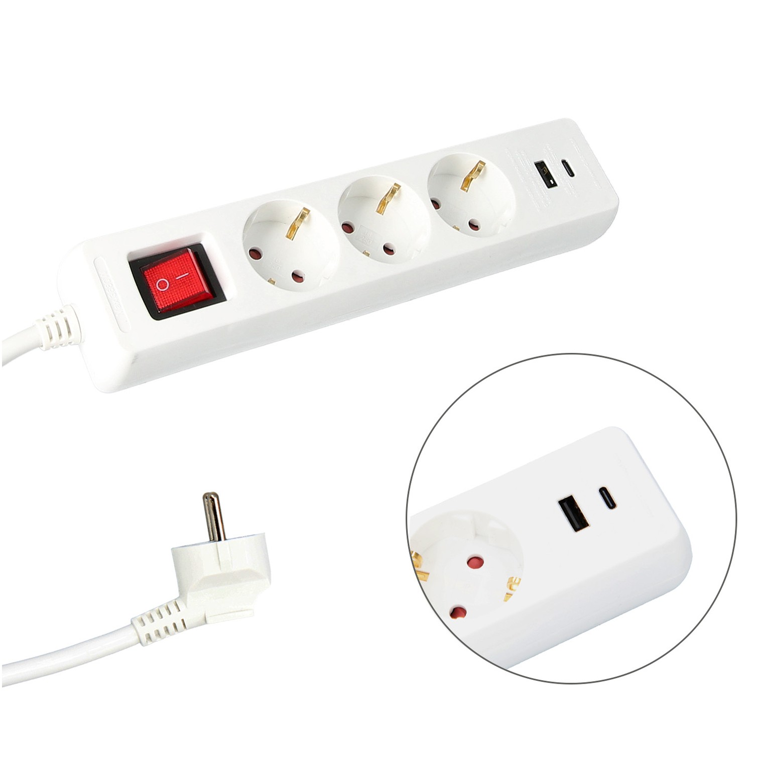 Base Multiple 3 Tomas Schucko y 2 tomas USB (A / C) Con Interruptor y Toma de Tierra