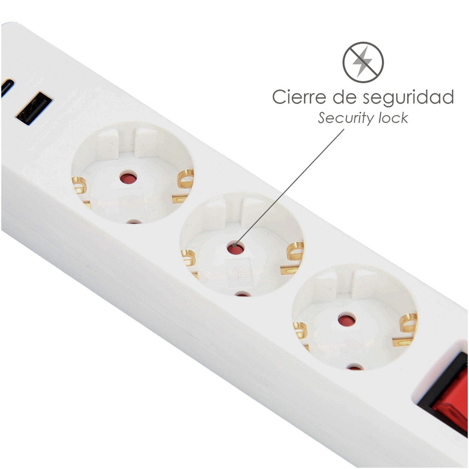 Base Multiple 3 Tomas Schucko y 2 tomas USB (A / C) Con Interruptor y Toma de Tierra