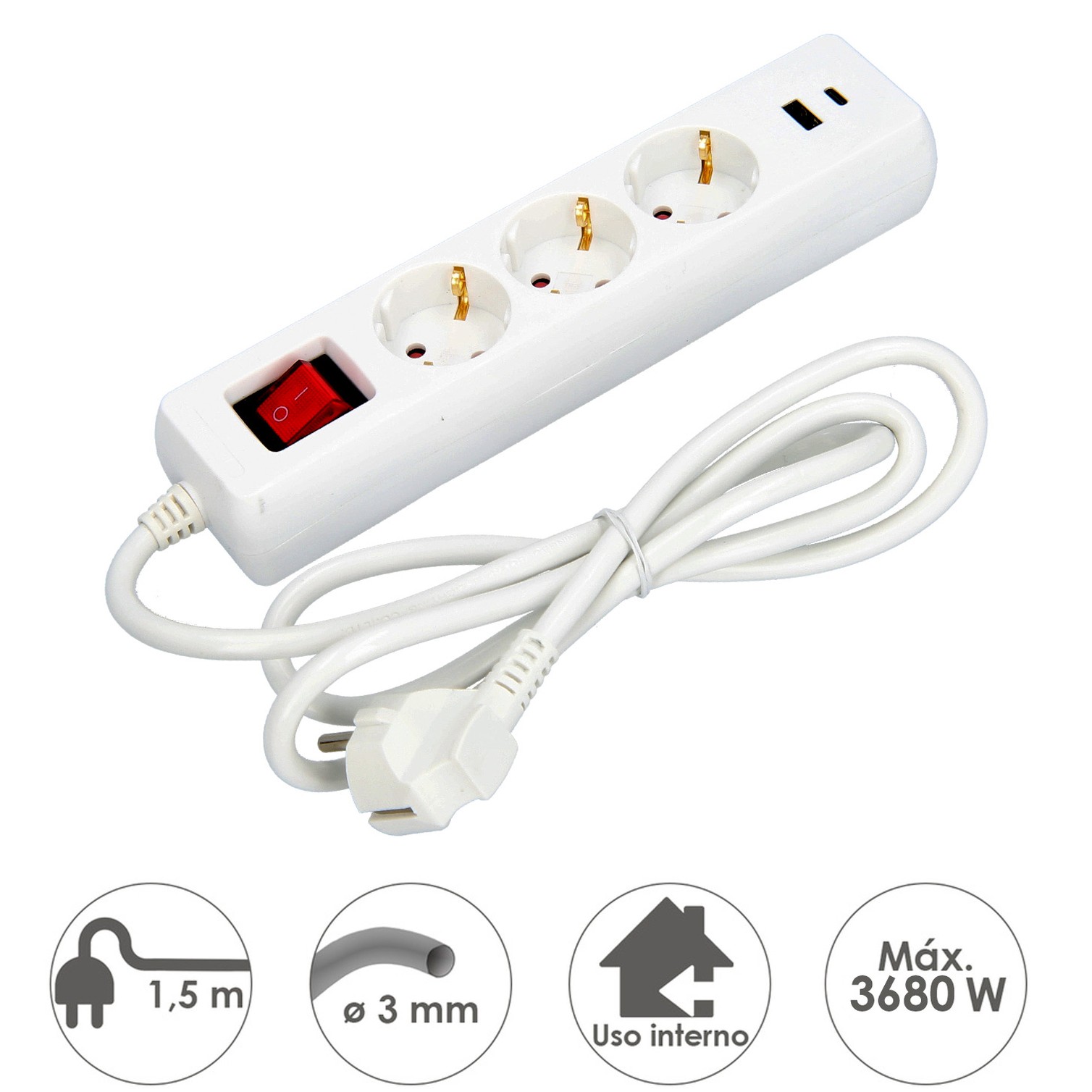 Base Multiple 3 Tomas Schucko y 2 tomas USB (A / C) Con Interruptor y Toma de Tierra