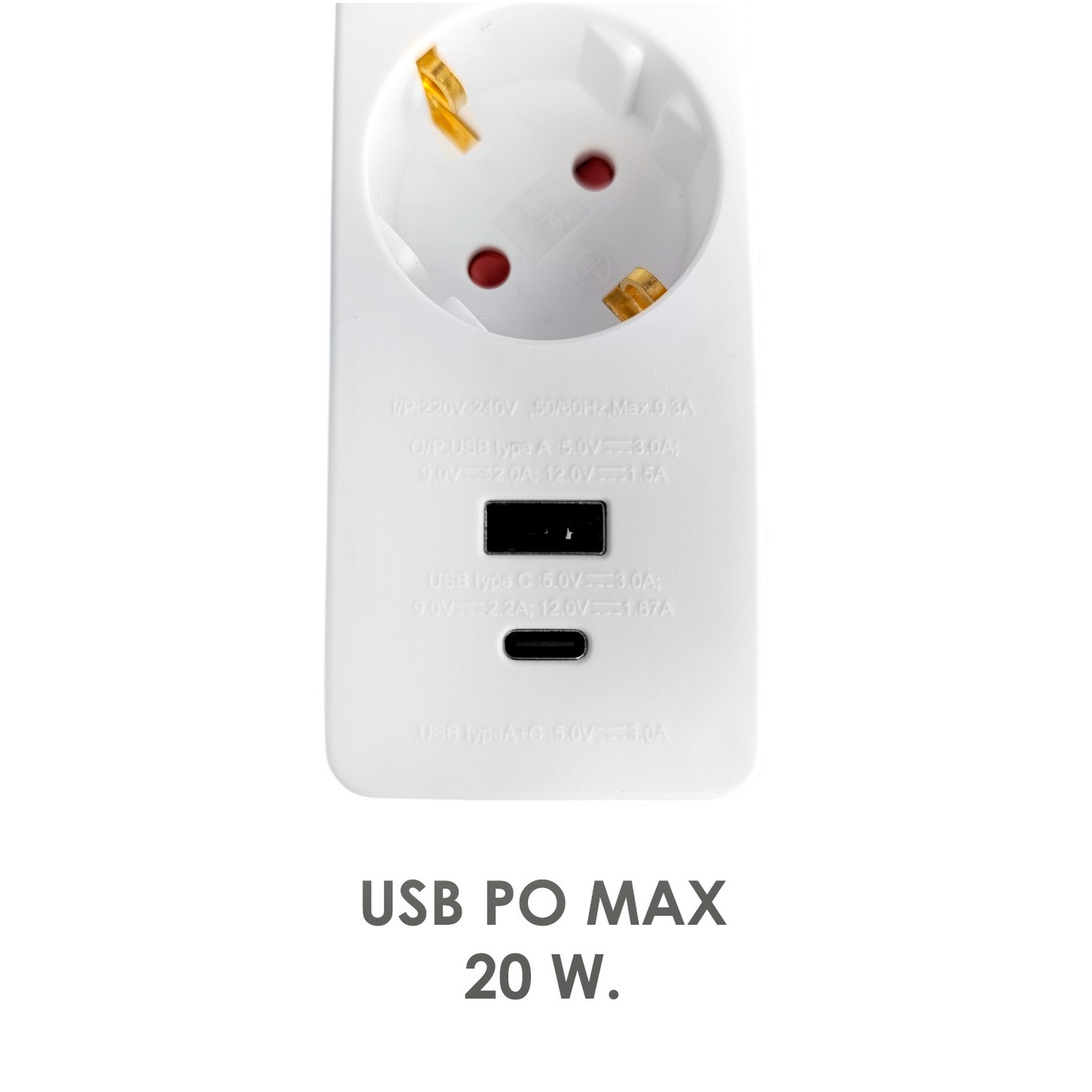 Base Multiple 3 Tomas Schucko y 2 tomas USB (A / C) Con Interruptor y Toma de Tierra