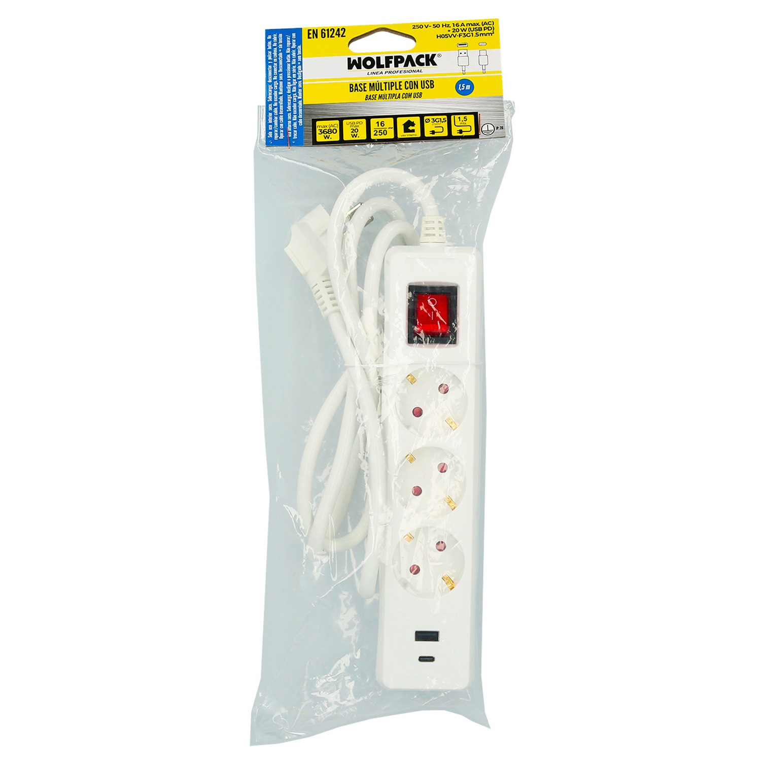 Base Multiple 3 Tomas Schucko y 2 tomas USB (A / C) Con Interruptor y Toma de Tierra